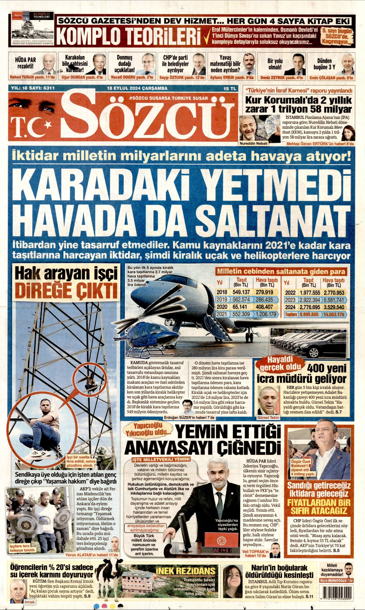 SÖZCÜ gazetesinin 18 Eylül 2024 tarihli birinci sayfası