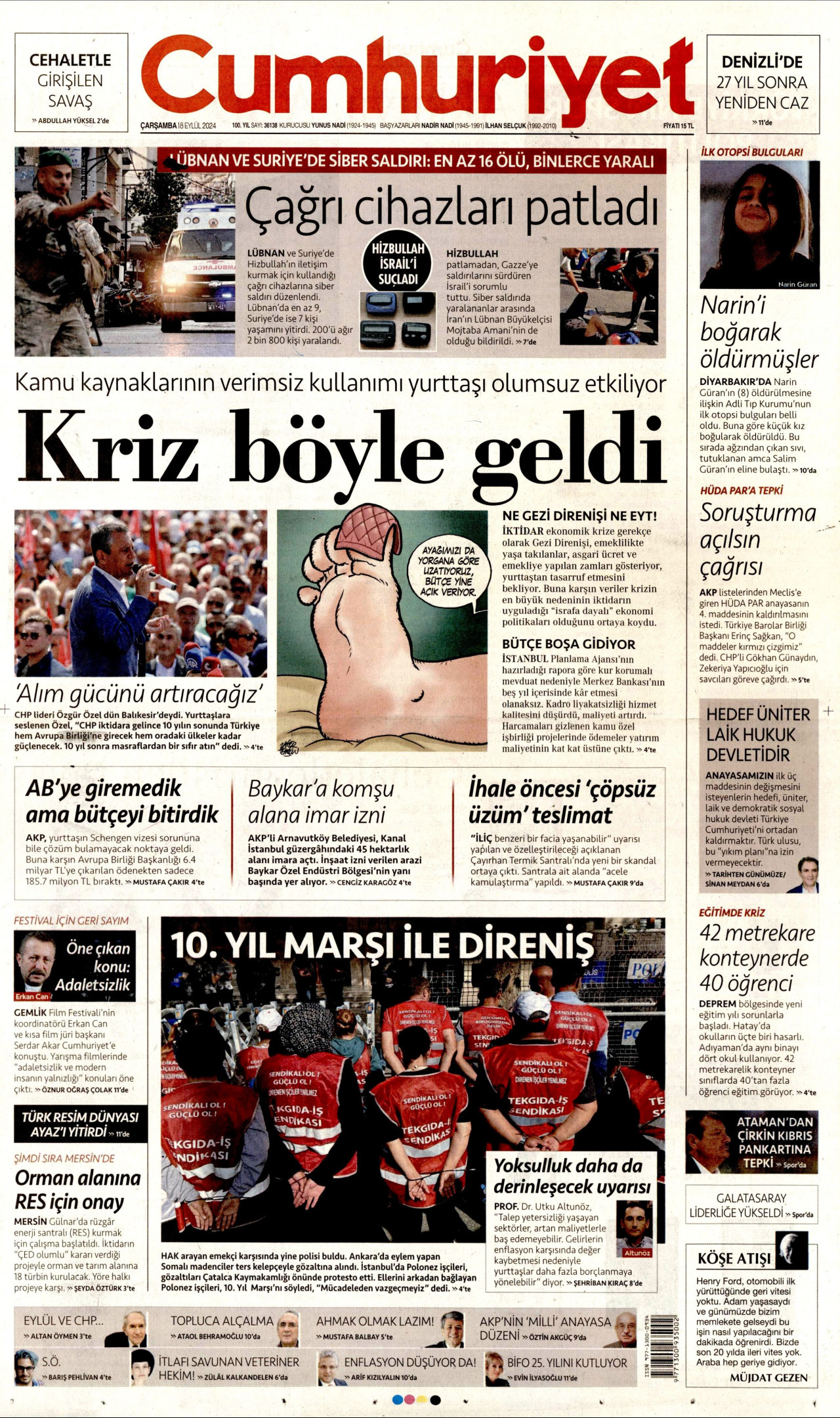 CUMHURİYET gazetesinin 18 Eylül 2024 tarihli birinci sayfası