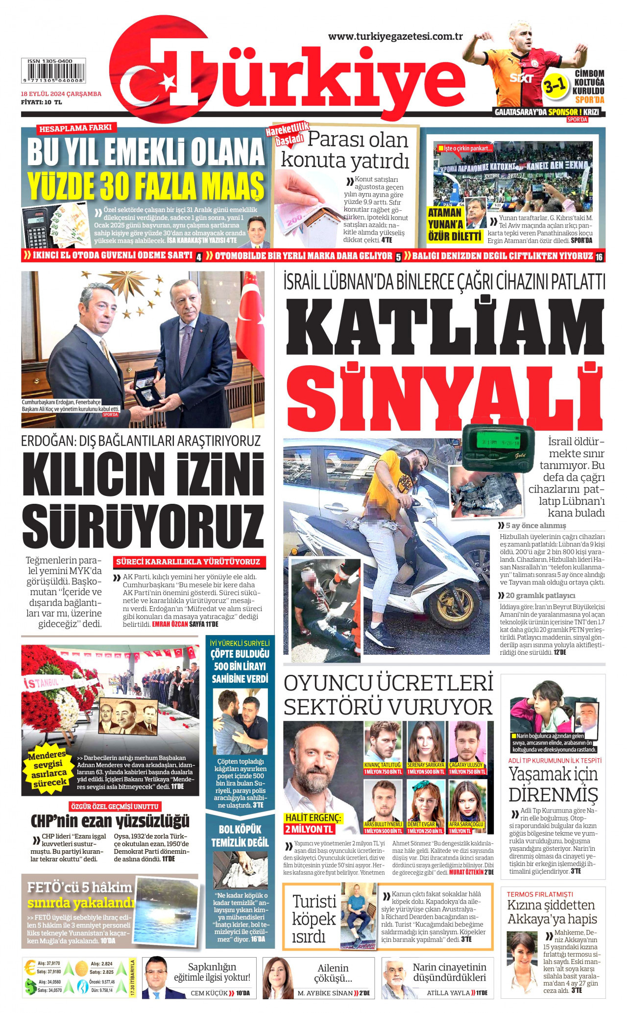 TÜRKİYE GAZETESİ gazetesinin 18 Eylül 2024 tarihli birinci sayfası