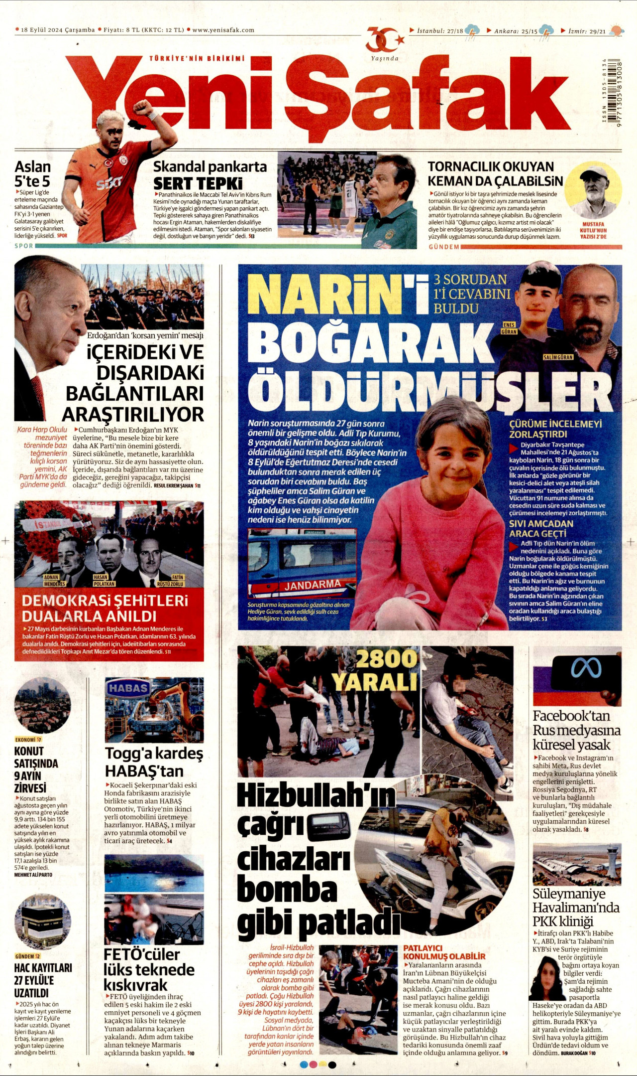 YENİ ŞAFAK gazetesinin 18 Eylül 2024 tarihli birinci sayfası