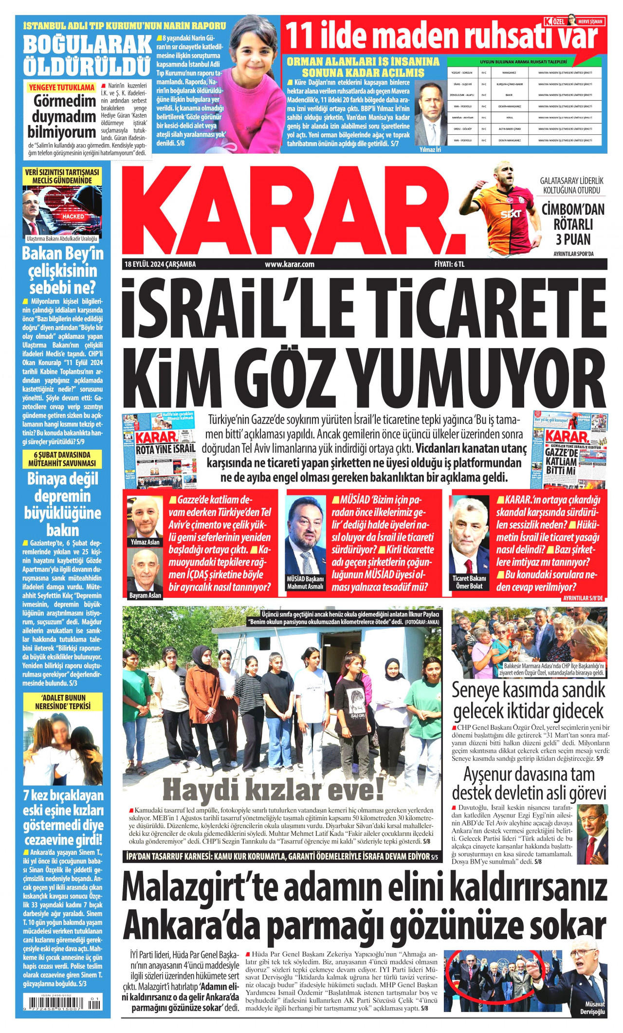 KARAR gazetesinin 18 Eylül 2024 tarihli birinci sayfası