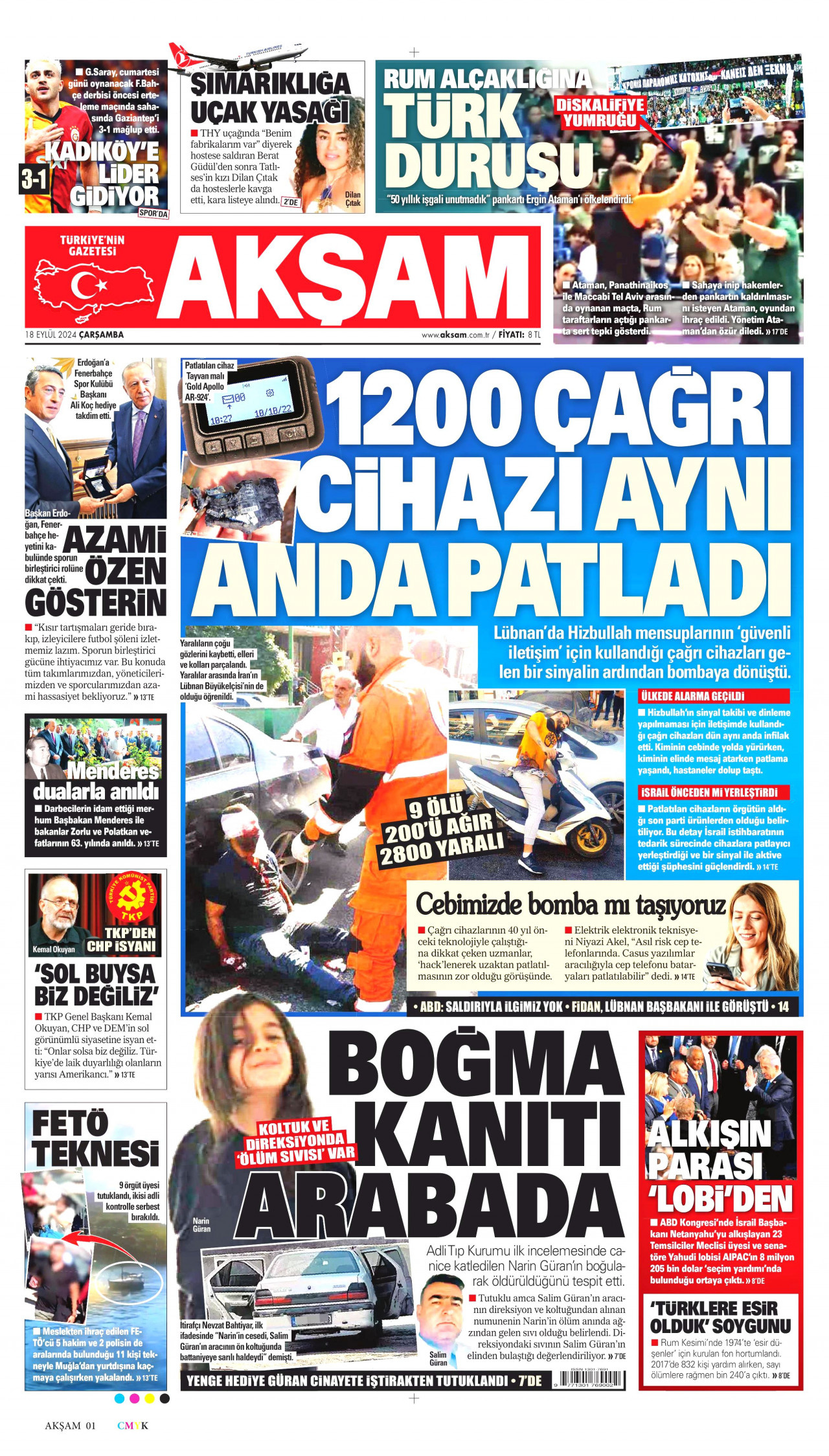 AKŞAM gazetesinin 18 Eylül 2024 tarihli birinci sayfası
