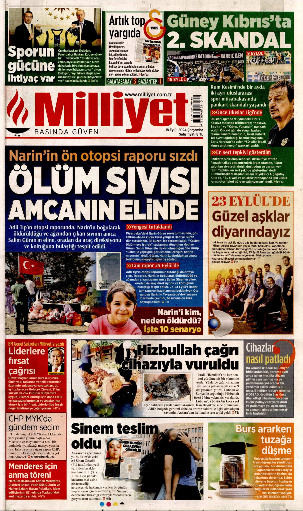MİLLİYET gazetesinin 18 Eylül 2024 tarihli birinci sayfası