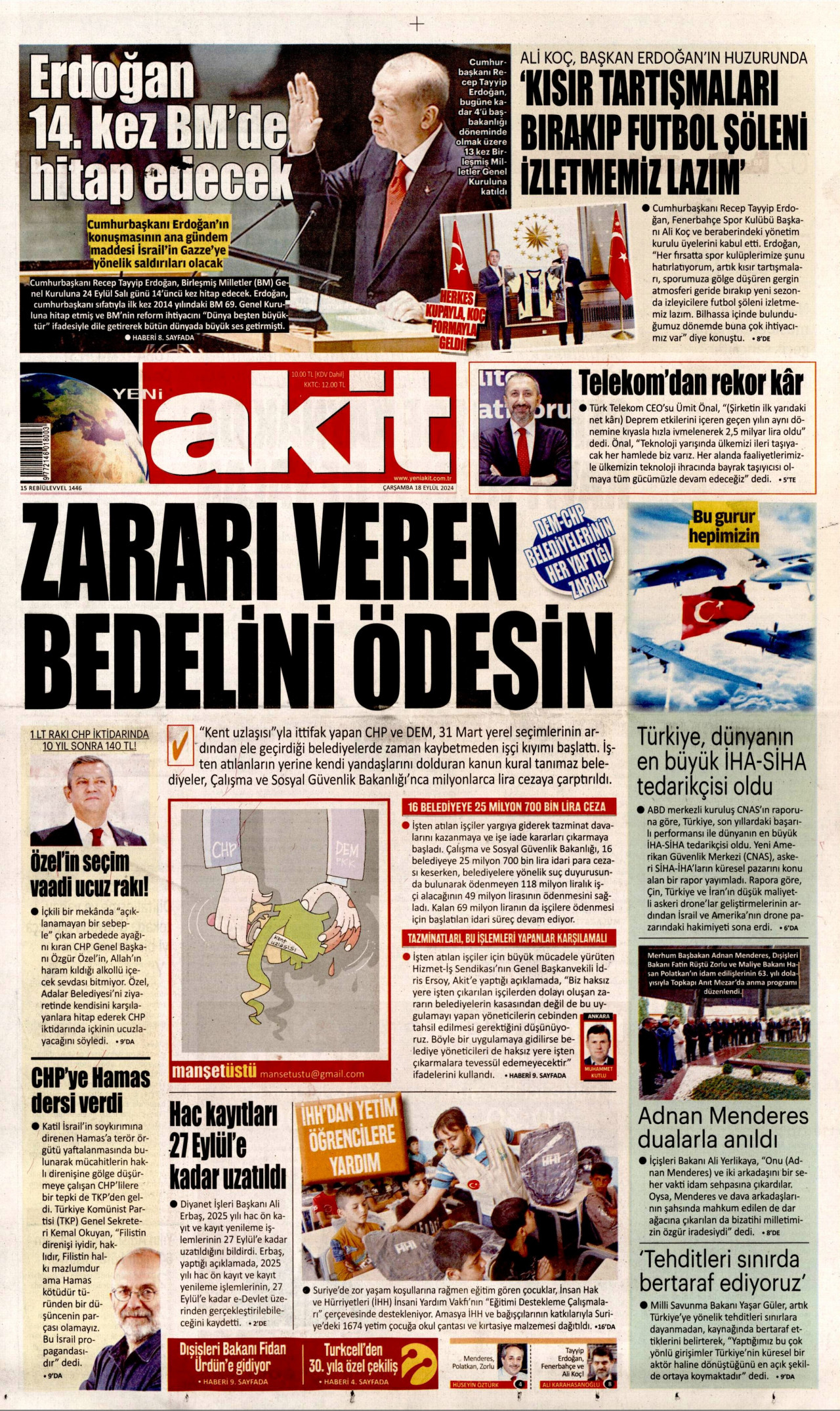 YENİ AKİT gazetesinin 18 Eylül 2024 tarihli birinci sayfası