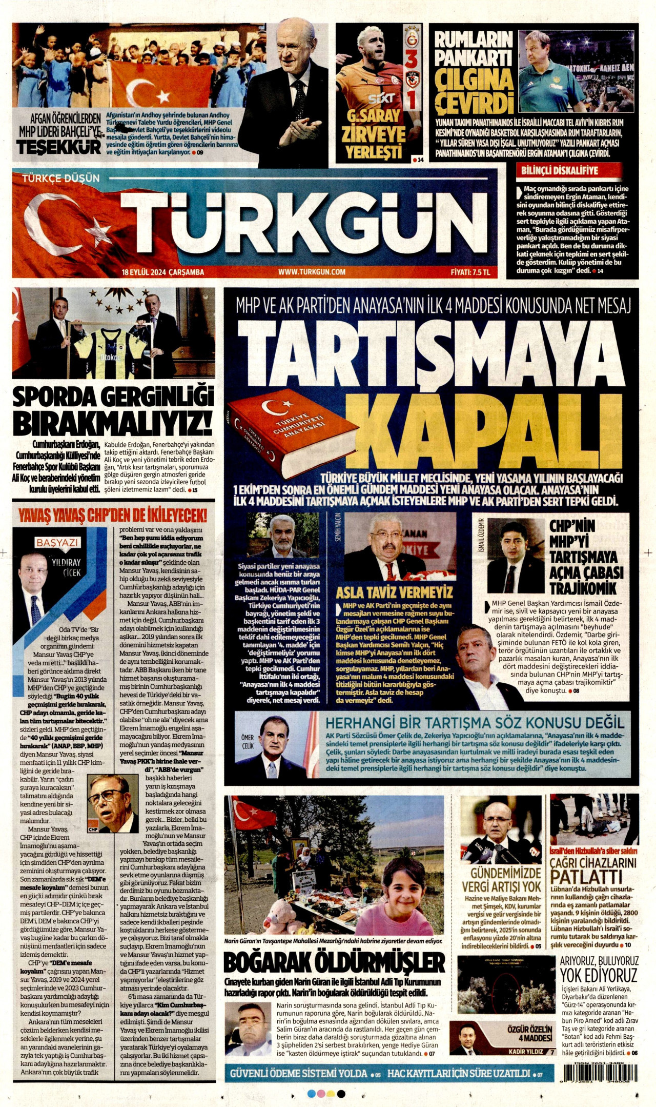TÜRKGÜN gazetesinin 18 Eylül 2024 tarihli birinci sayfası