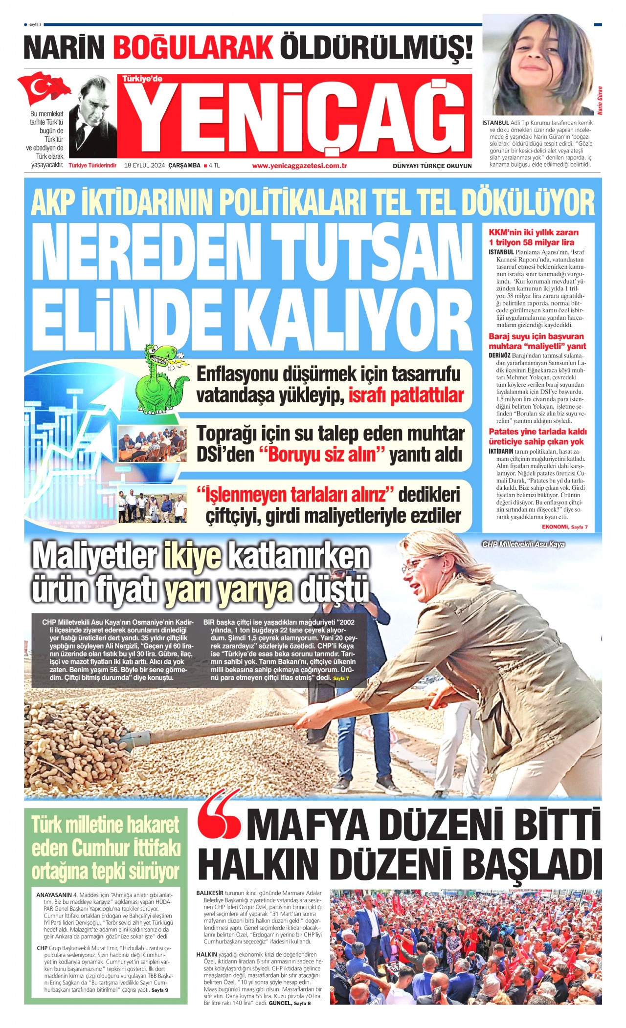 YENİÇAĞ gazetesinin 18 Eylül 2024 tarihli birinci sayfası