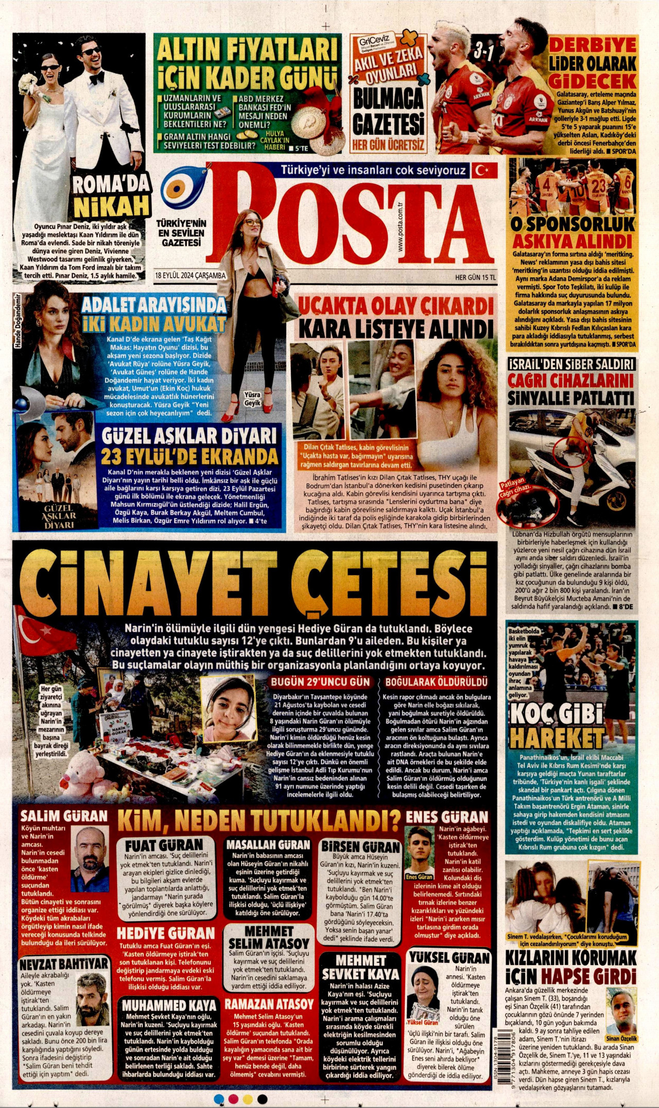 POSTA gazetesinin 18 Eylül 2024 tarihli birinci sayfası