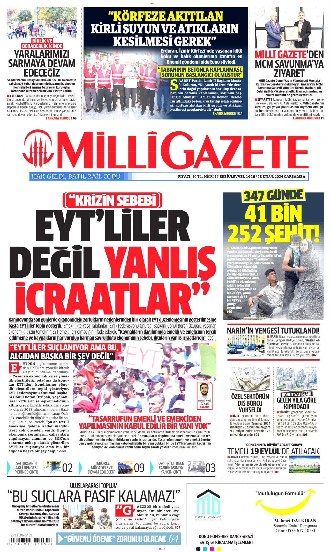 MİLLİ GAZETE gazetesinin 18 Eylül 2024 tarihli birinci sayfası