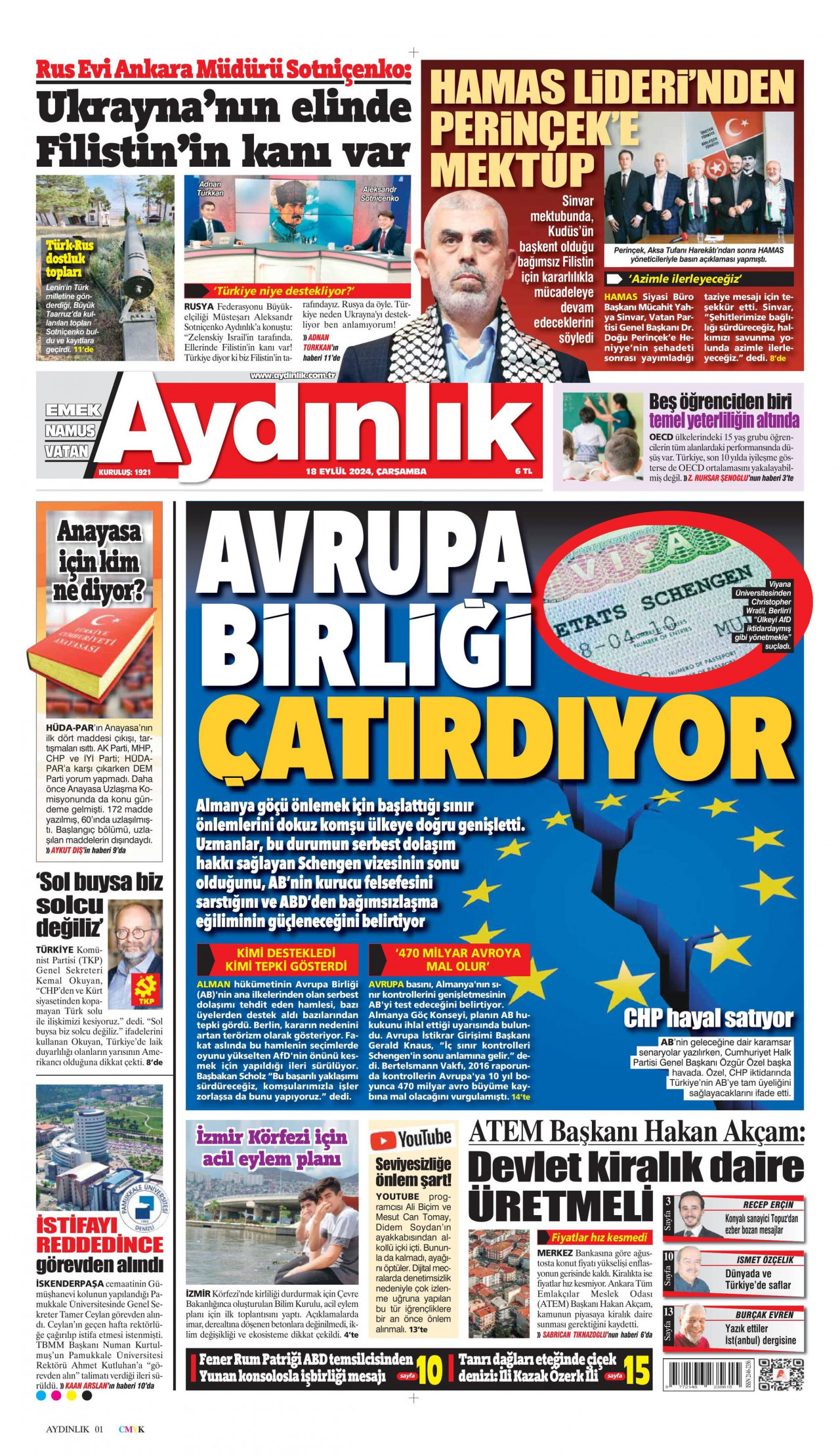 AYDINLIK GAZETESİ gazetesinin 18 Eylül 2024 tarihli birinci sayfası