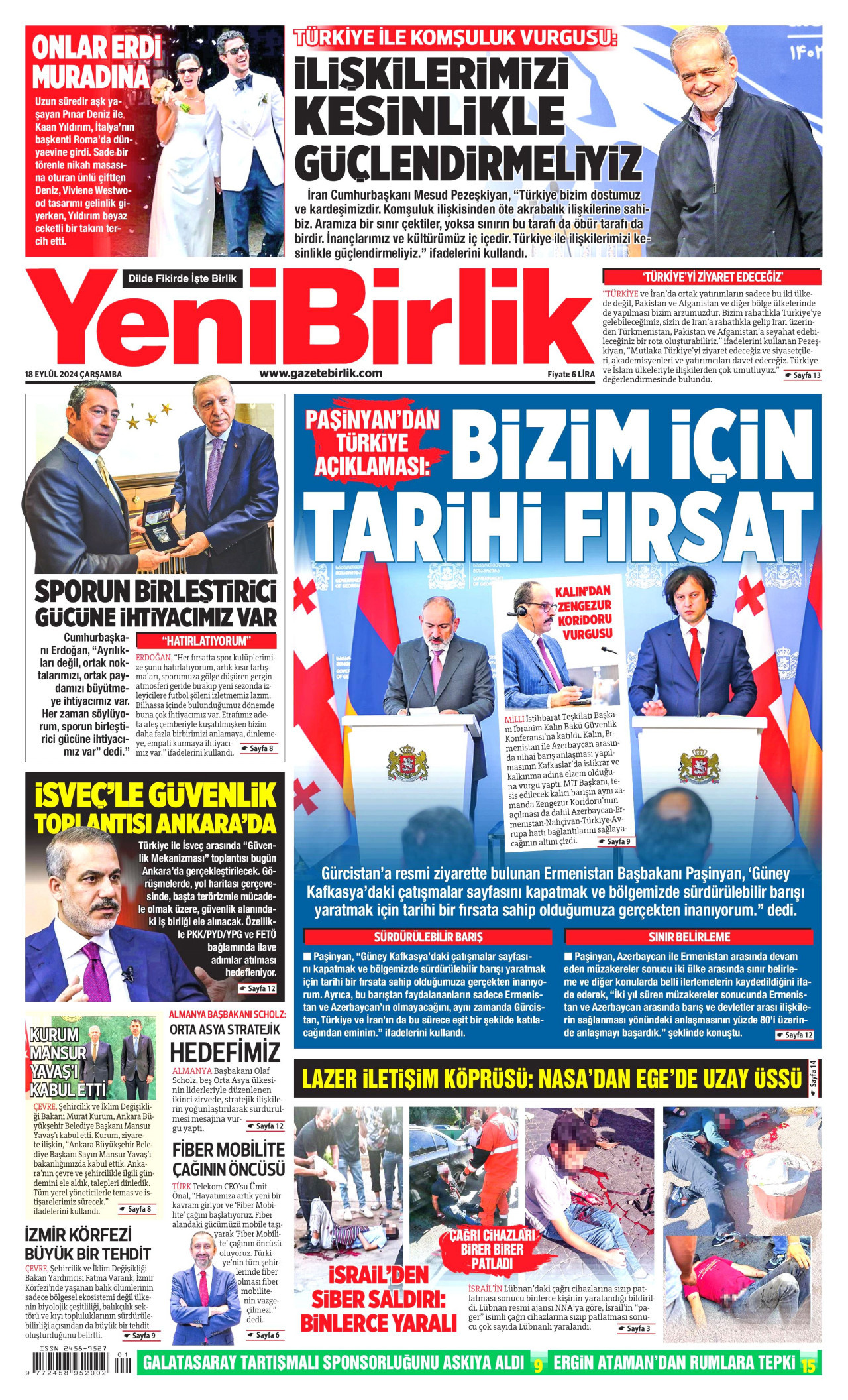 YENİBİRLİK gazetesinin 18 Eylül 2024 tarihli birinci sayfası