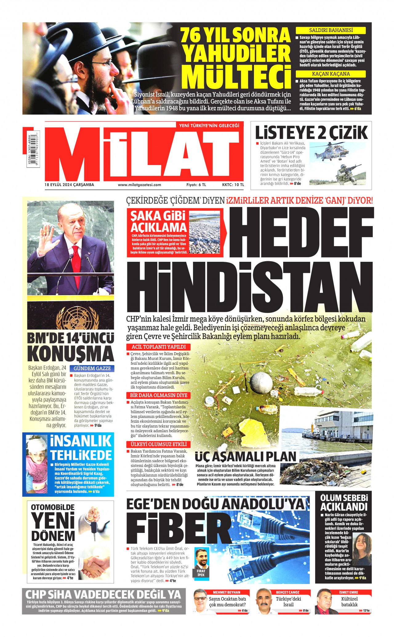 MİLAT gazetesinin 18 Eylül 2024 tarihli birinci sayfası