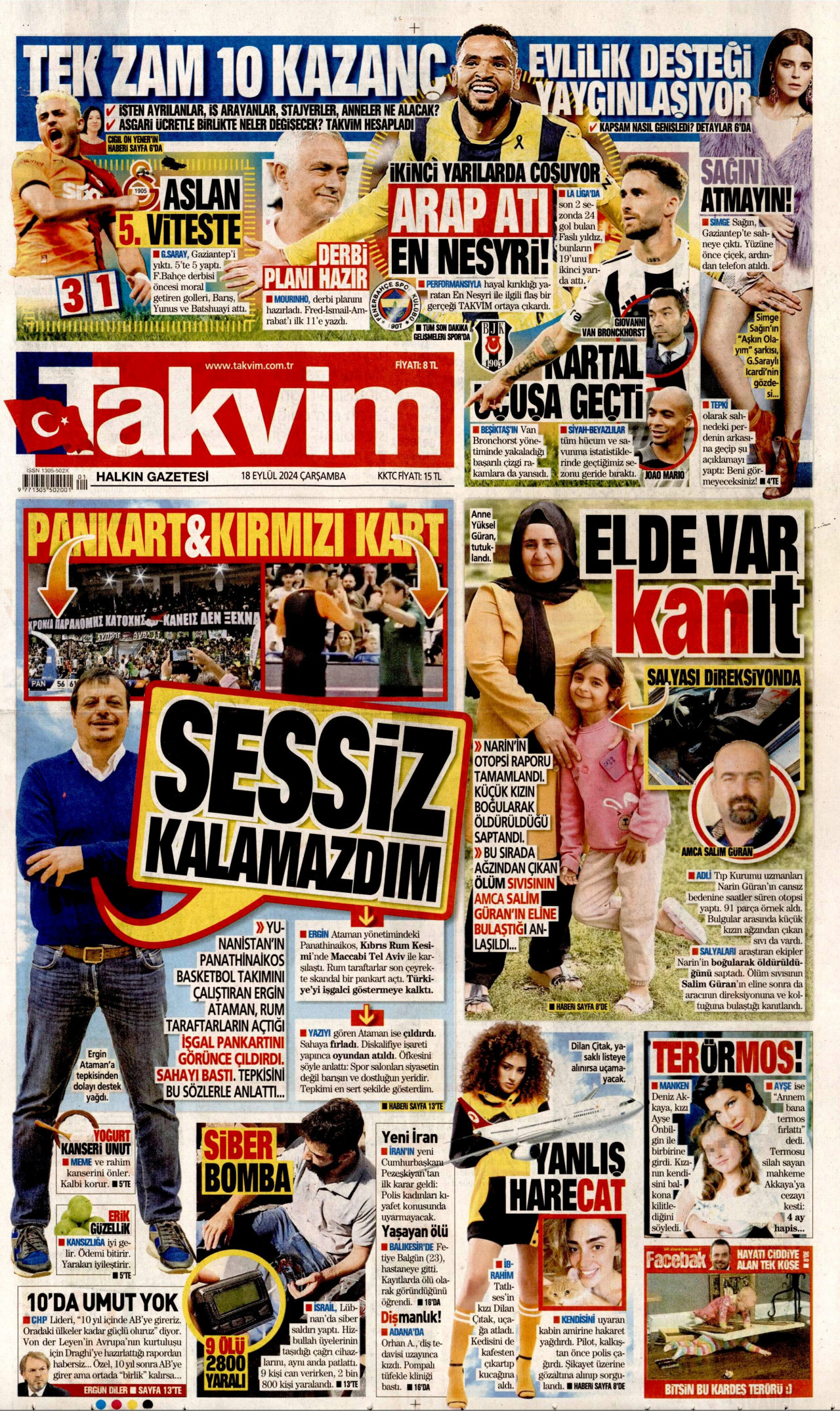 TAKVİM gazetesinin 18 Eylül 2024 tarihli birinci sayfası
