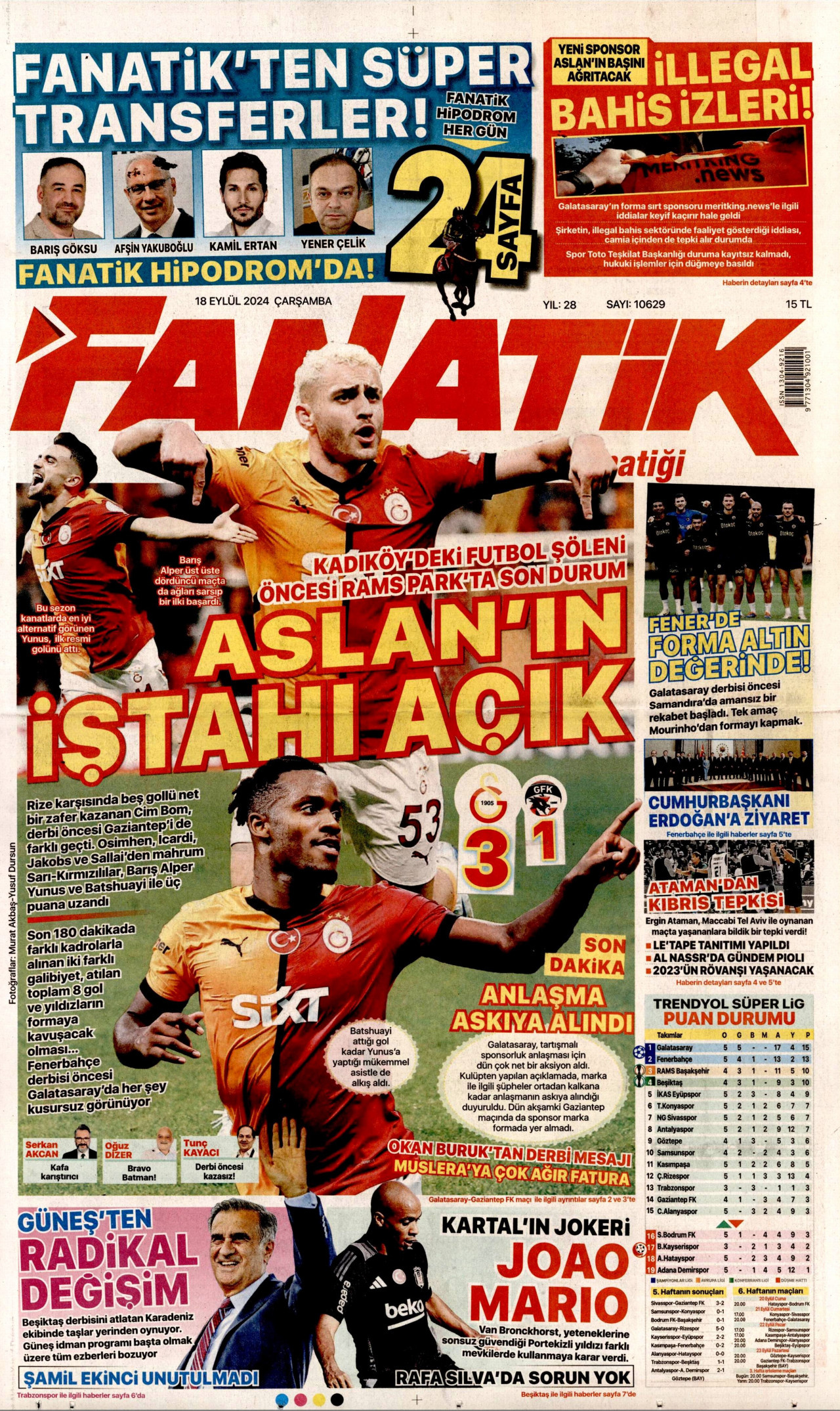 FANATİK gazetesinin 18 Eylül 2024 tarihli birinci sayfası