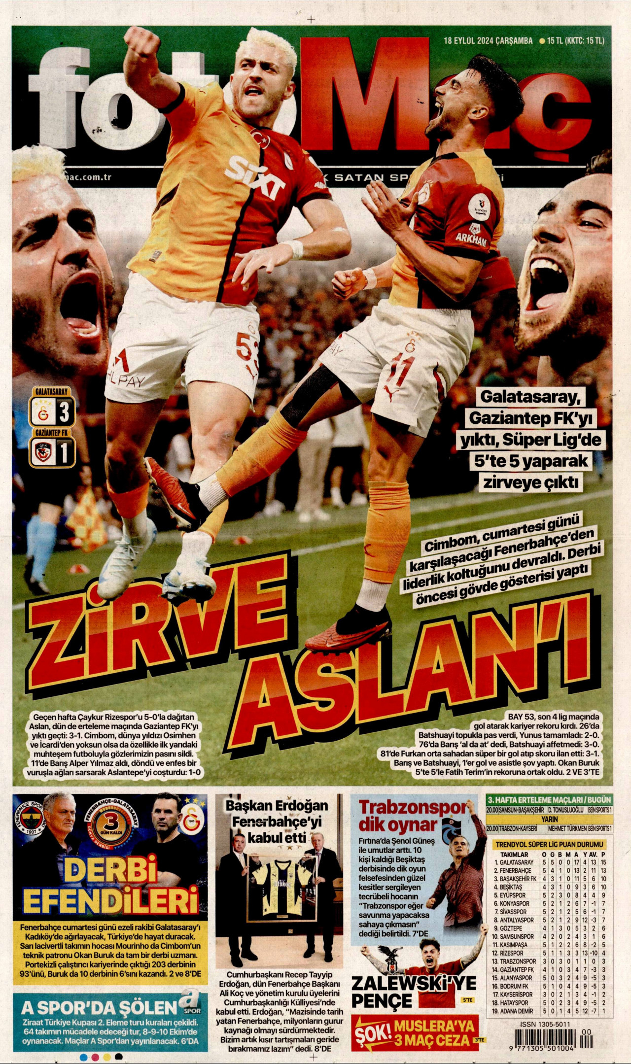 FOTOMAÇ gazetesinin 18 Eylül 2024 tarihli birinci sayfası