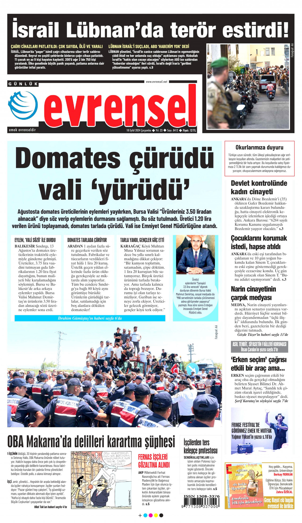 EVRENSEL gazetesinin 18 Eylül 2024 tarihli birinci sayfası