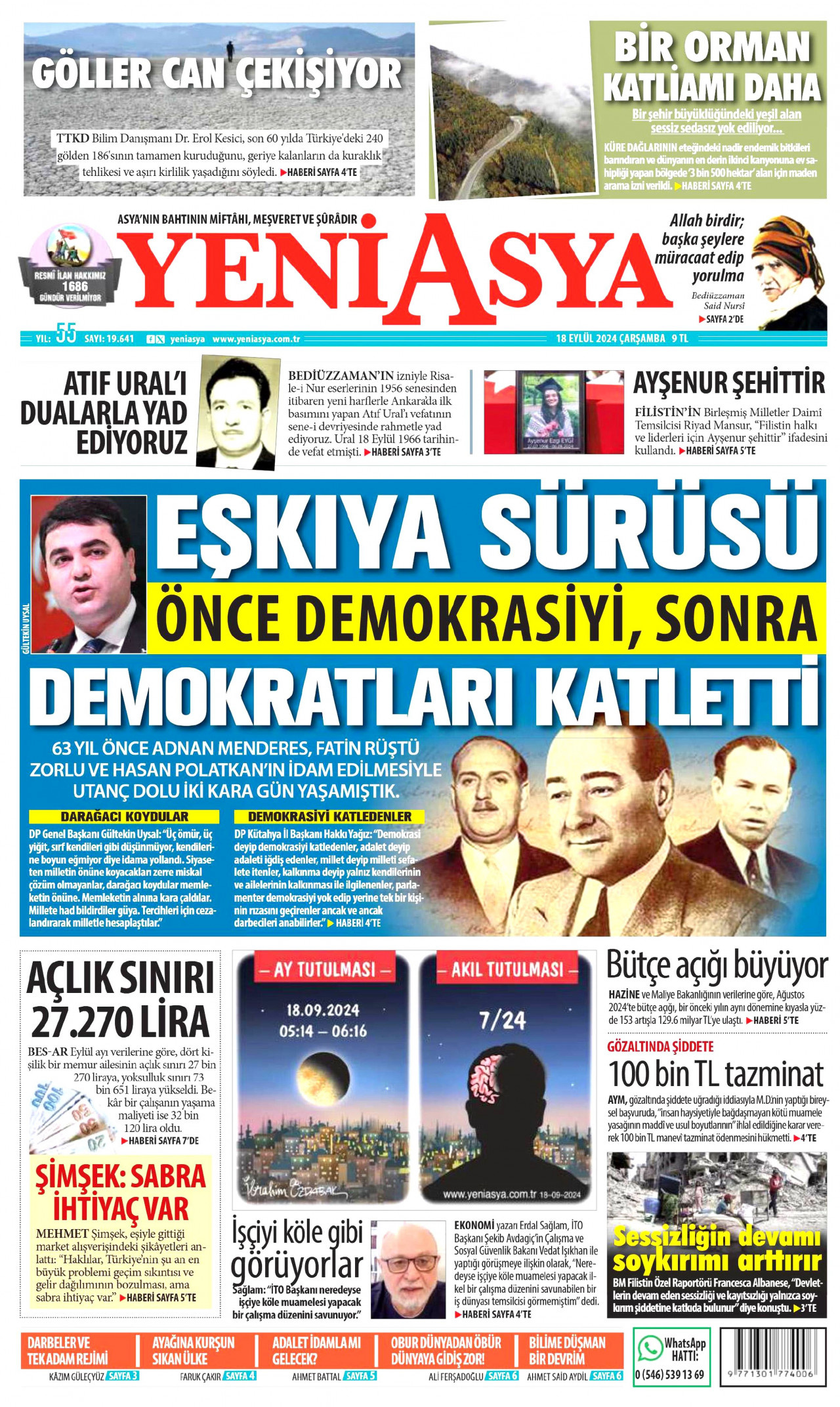 YENİ ASYA gazetesinin 18 Eylül 2024 tarihli birinci sayfası