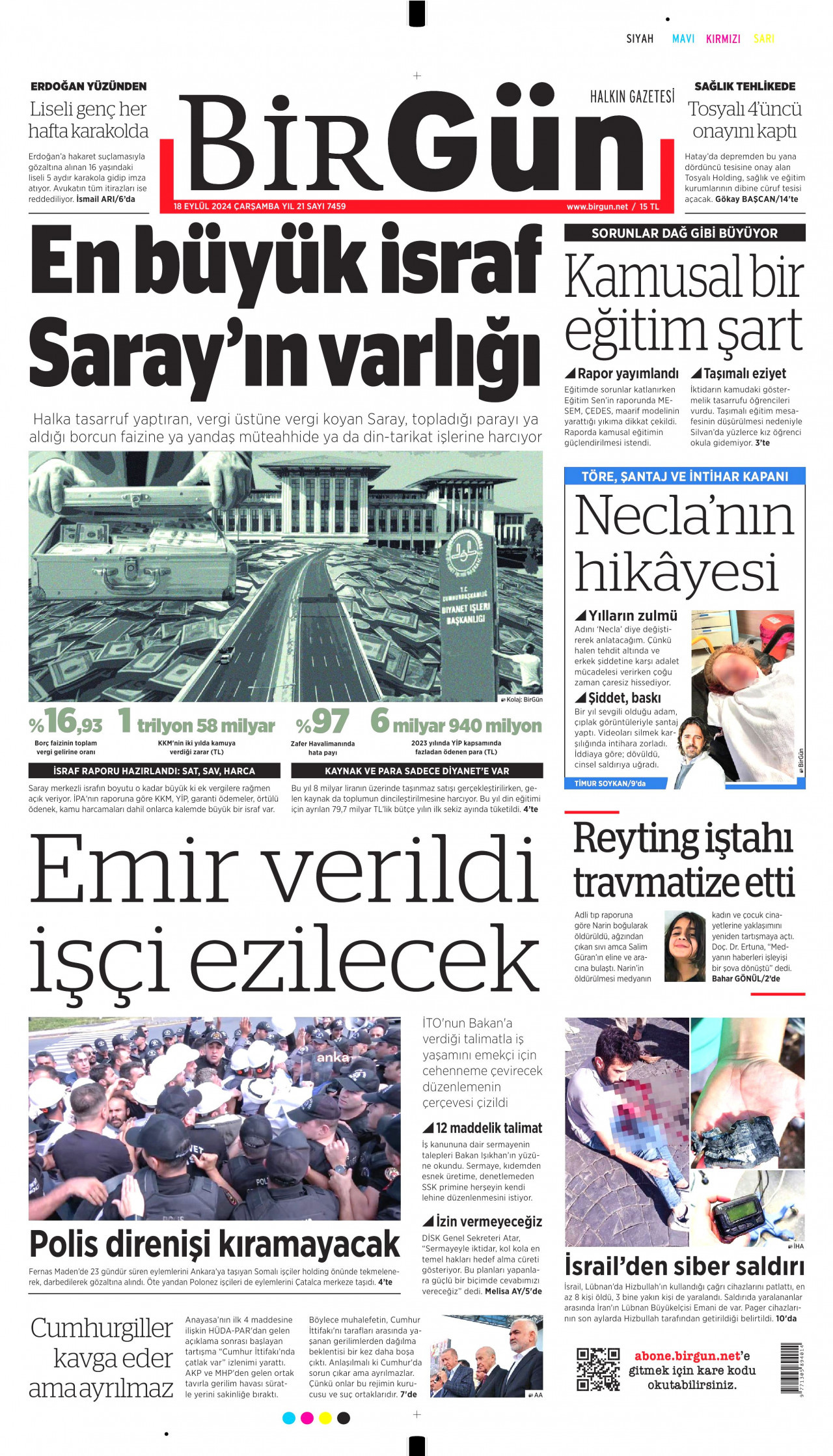 BİRGÜN gazetesinin 18 Eylül 2024 tarihli birinci sayfası