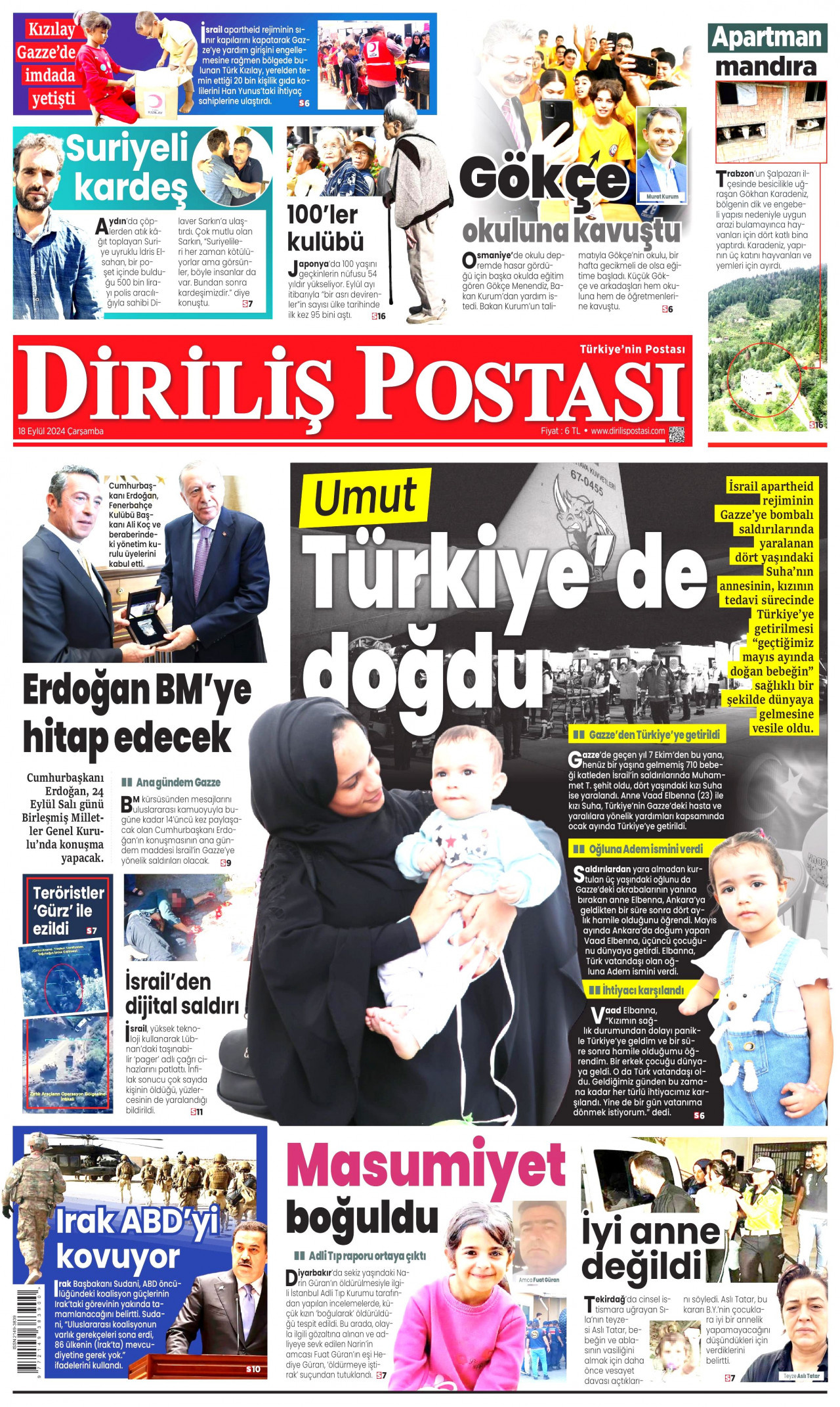 DİRİLİŞ POSTASI gazetesinin 18 Eylül 2024 tarihli birinci sayfası