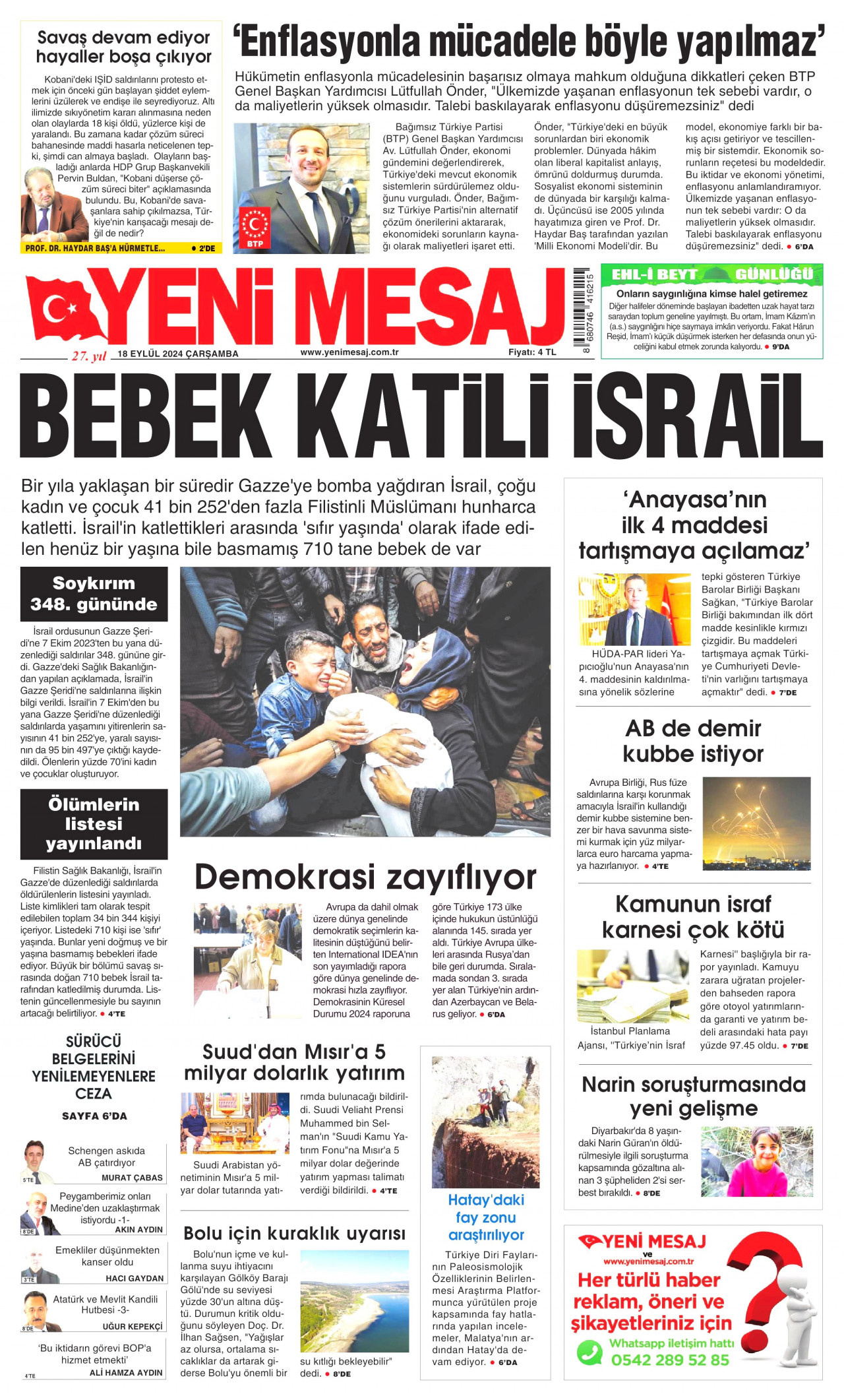YENİ MESAJ gazetesinin 18 Eylül 2024 tarihli birinci sayfası
