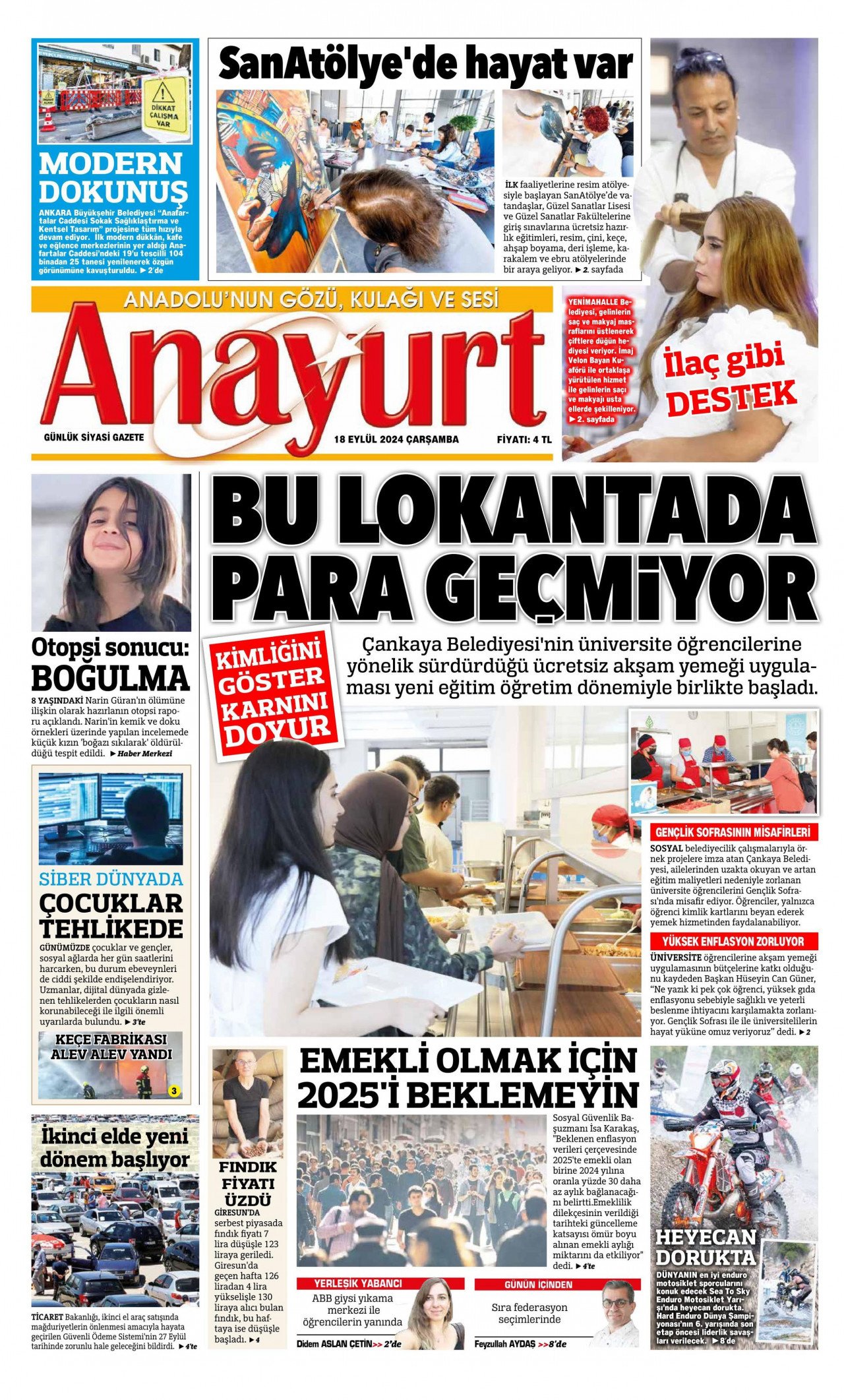 ANAYURT gazetesinin 18 Eylül 2024 tarihli birinci sayfası