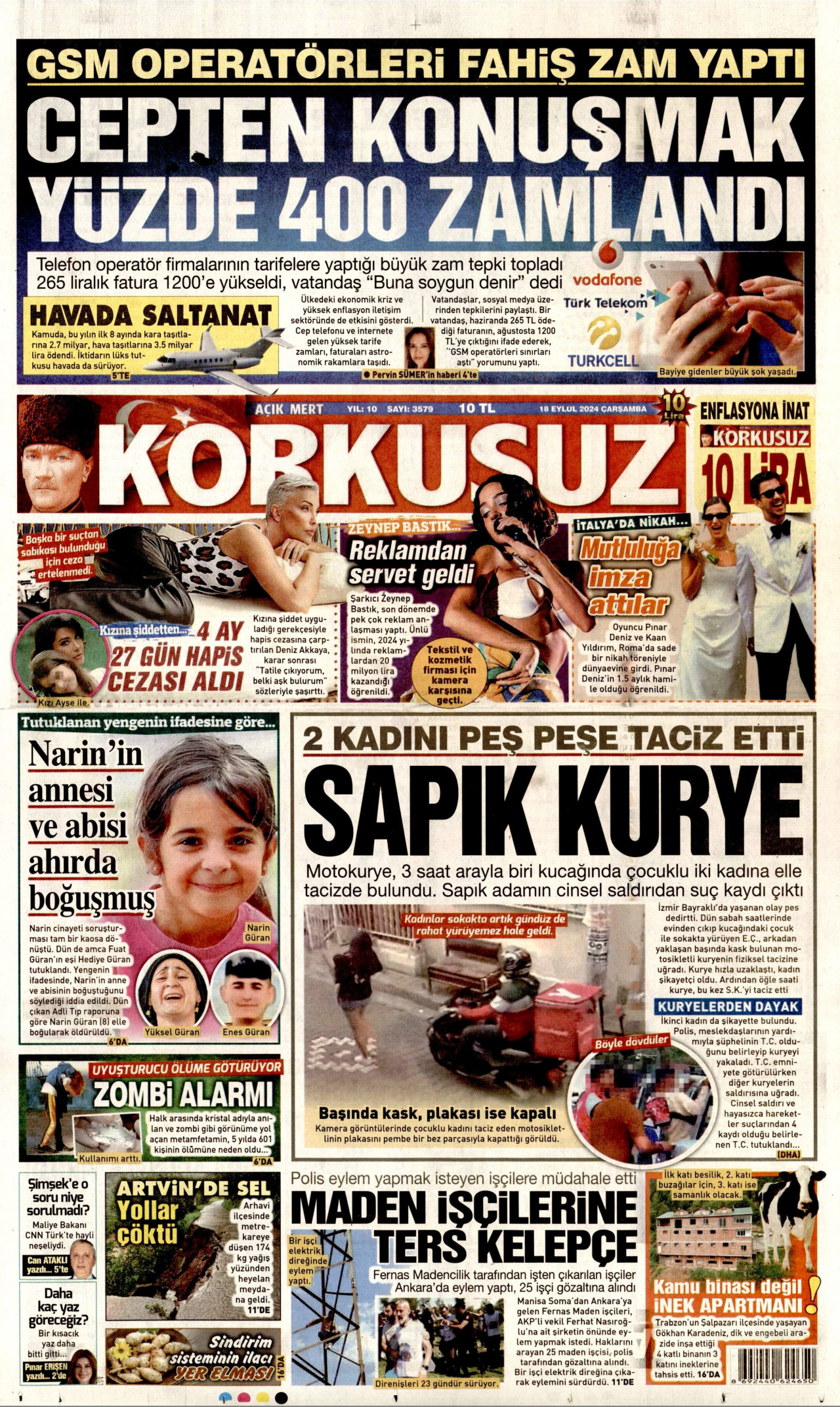 KORKUSUZ gazetesinin 18 Eylül 2024 tarihli birinci sayfası