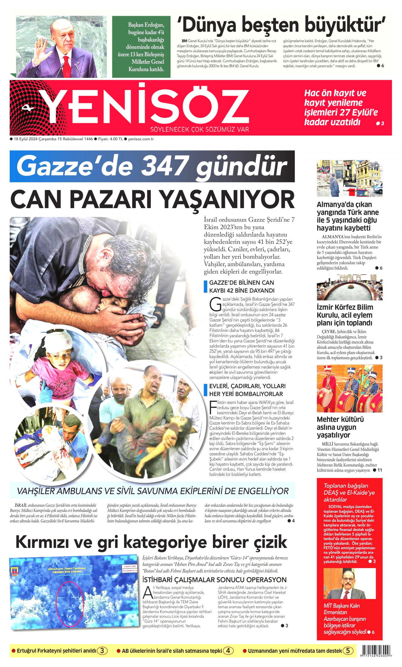 YENİ SÖZ GAZETESİ gazetesinin 18 Eylül 2024 tarihli birinci sayfası