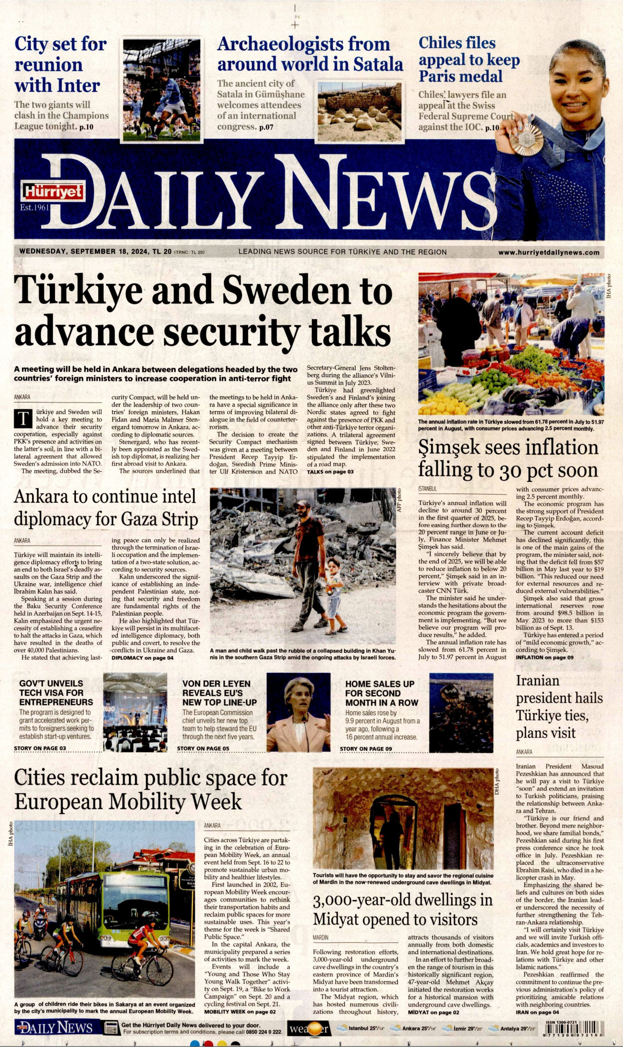 HÜRRİYET DAİLY NEWS gazetesinin 18 Eylül 2024 tarihli birinci sayfası
