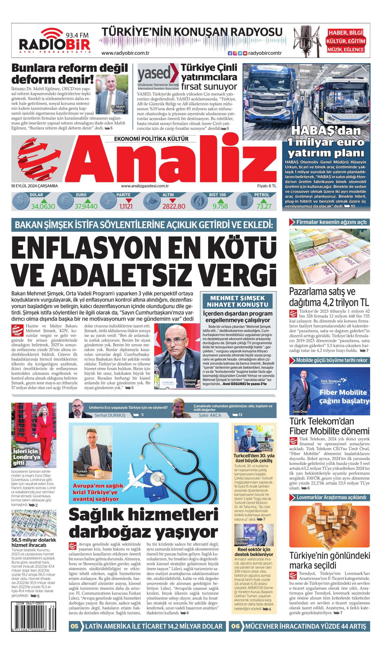 ANALİZ gazetesinin 18 Eylül 2024 tarihli birinci sayfası