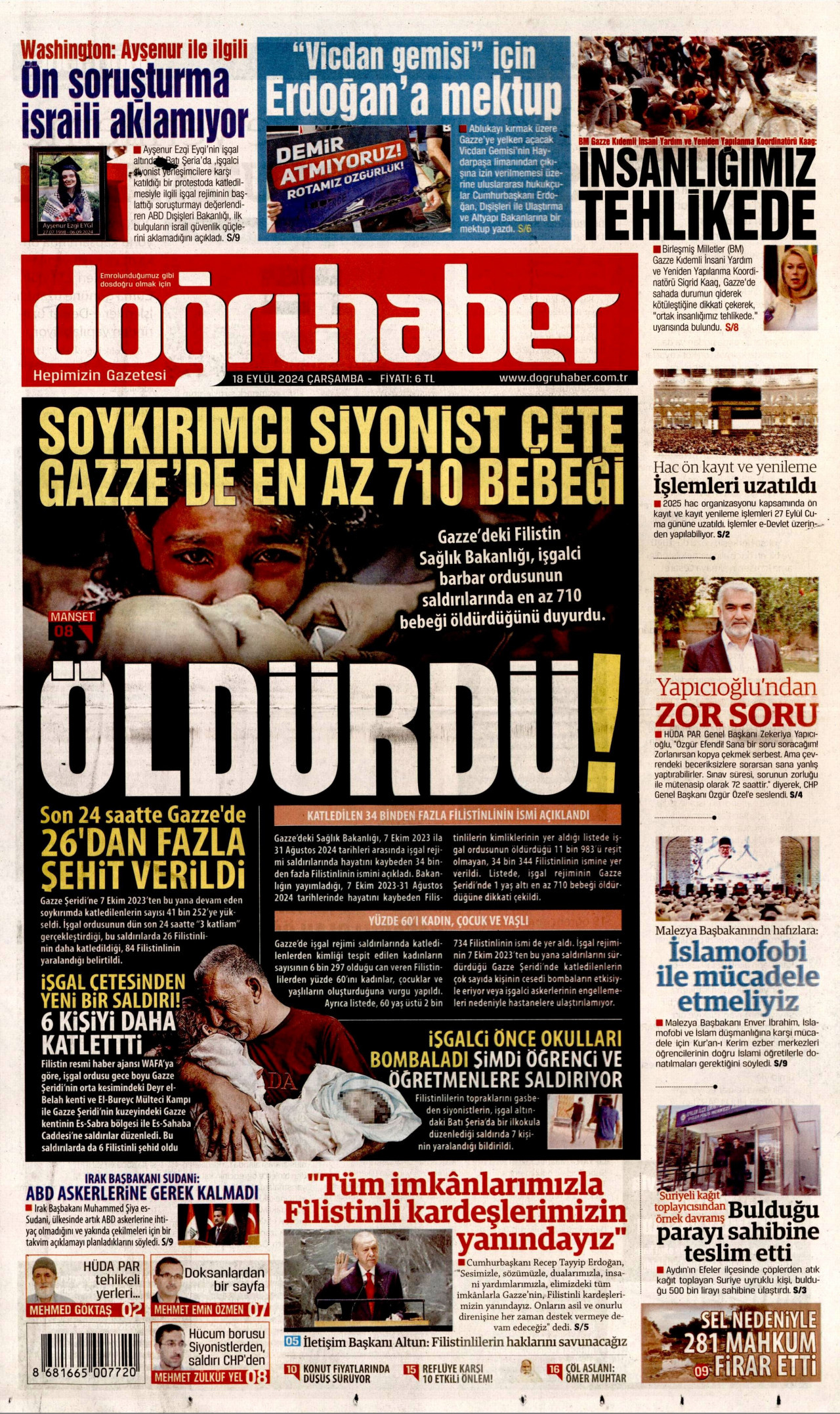 DOĞRU HABER gazetesinin 18 Eylül 2024 tarihli birinci sayfası