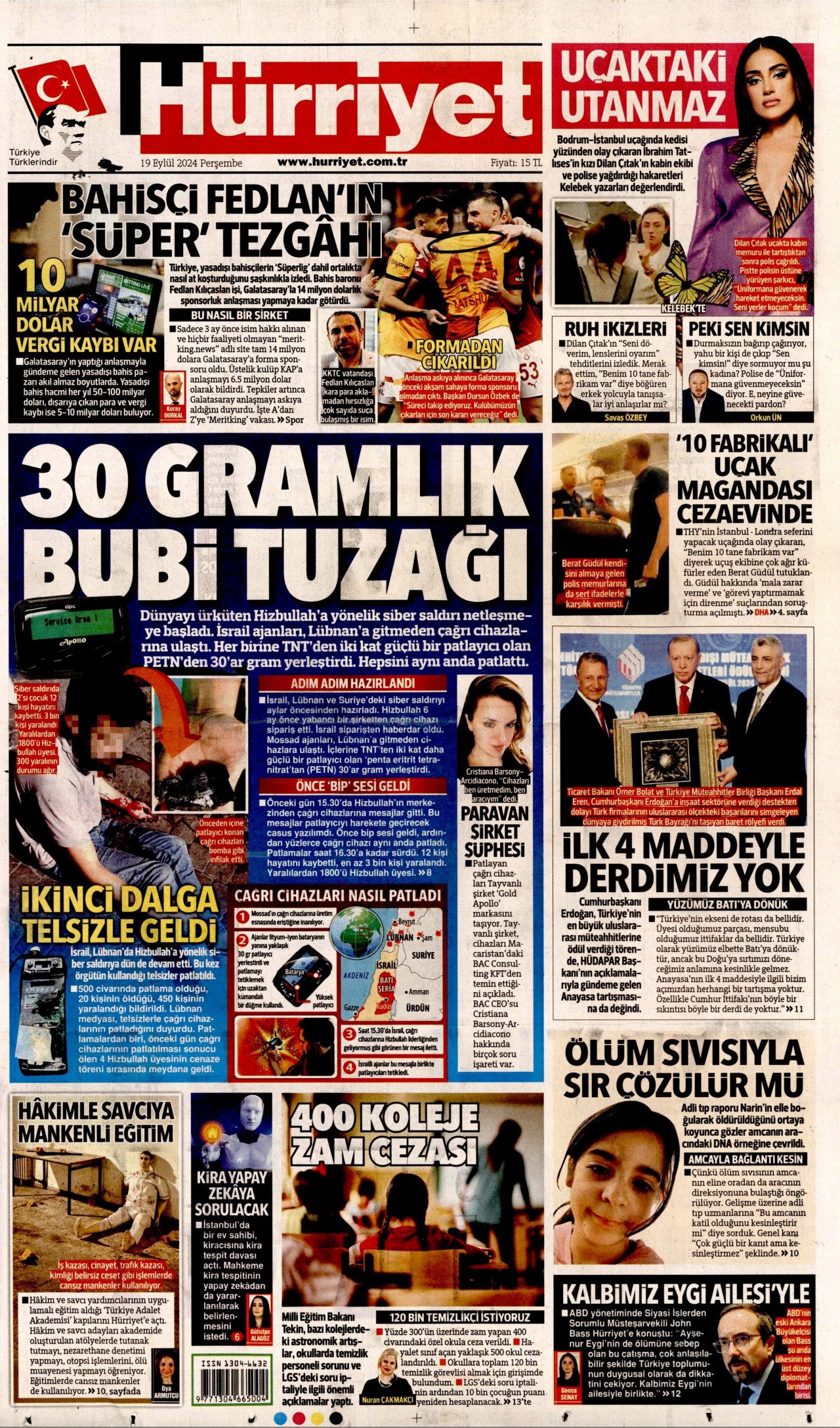 HÜRRİYET gazetesinin 19 Eylül 2024 tarihli birinci sayfası