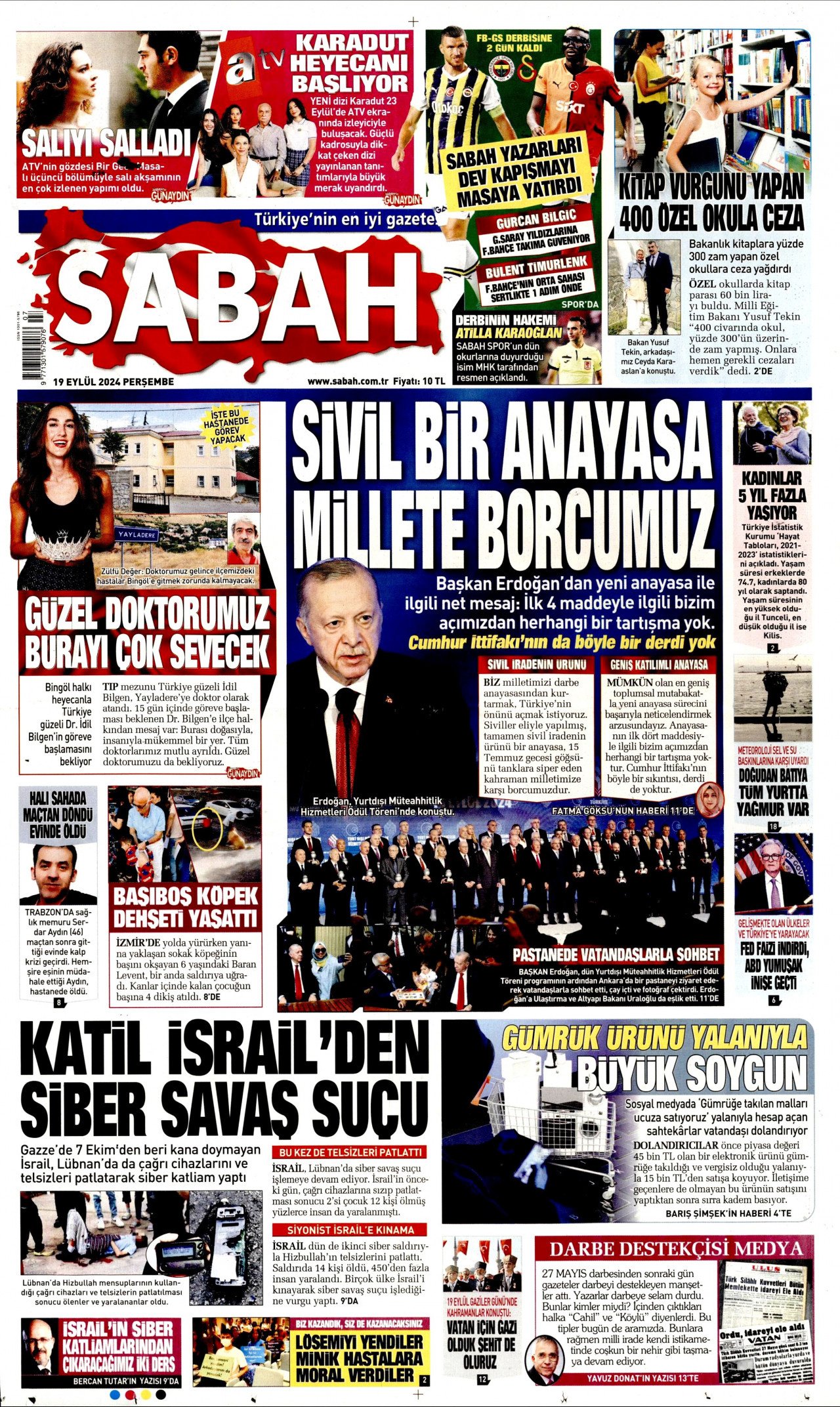 SABAH gazetesinin 19 Eylül 2024 tarihli birinci sayfası