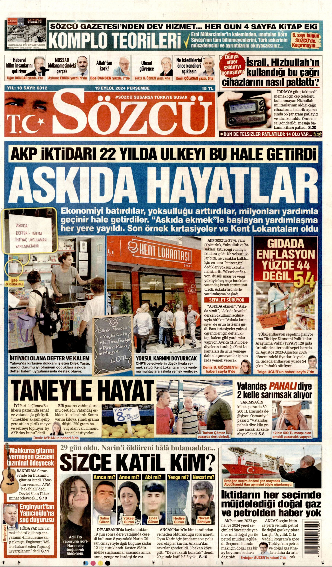 SÖZCÜ gazetesinin 19 Eylül 2024 tarihli birinci sayfası