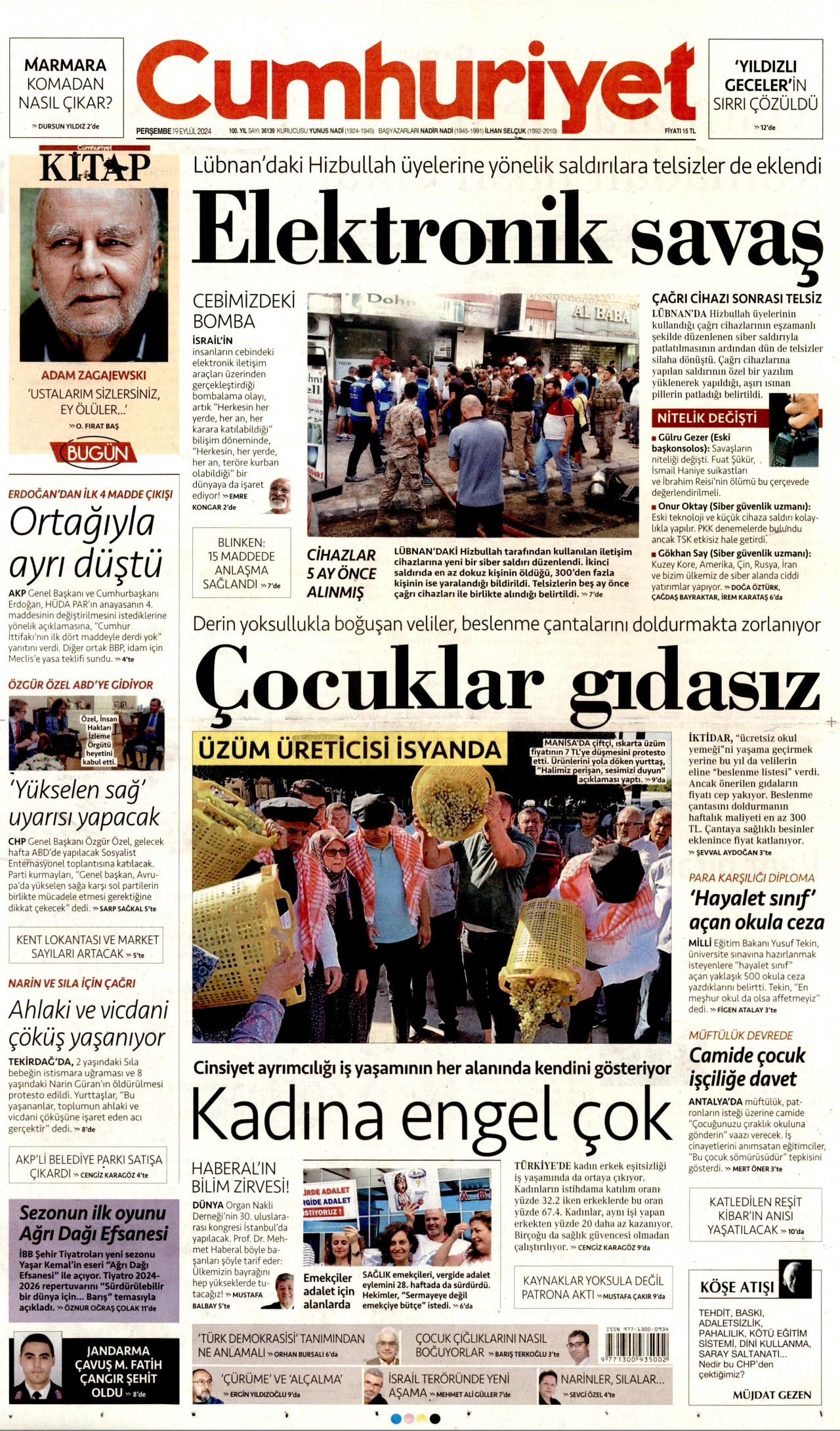 CUMHURİYET gazetesinin 19 Eylül 2024 tarihli birinci sayfası