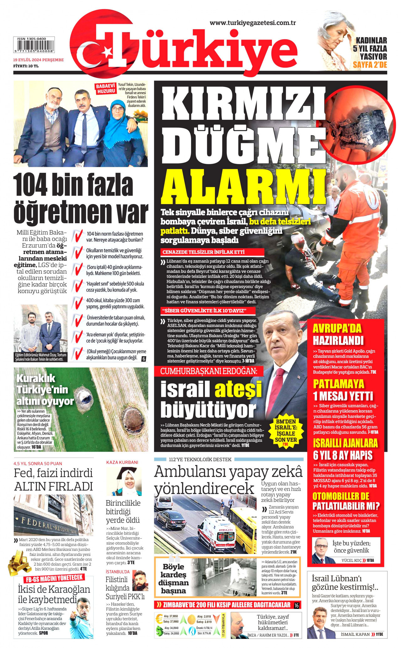 TÜRKİYE GAZETESİ gazetesinin 19 Eylül 2024 tarihli birinci sayfası