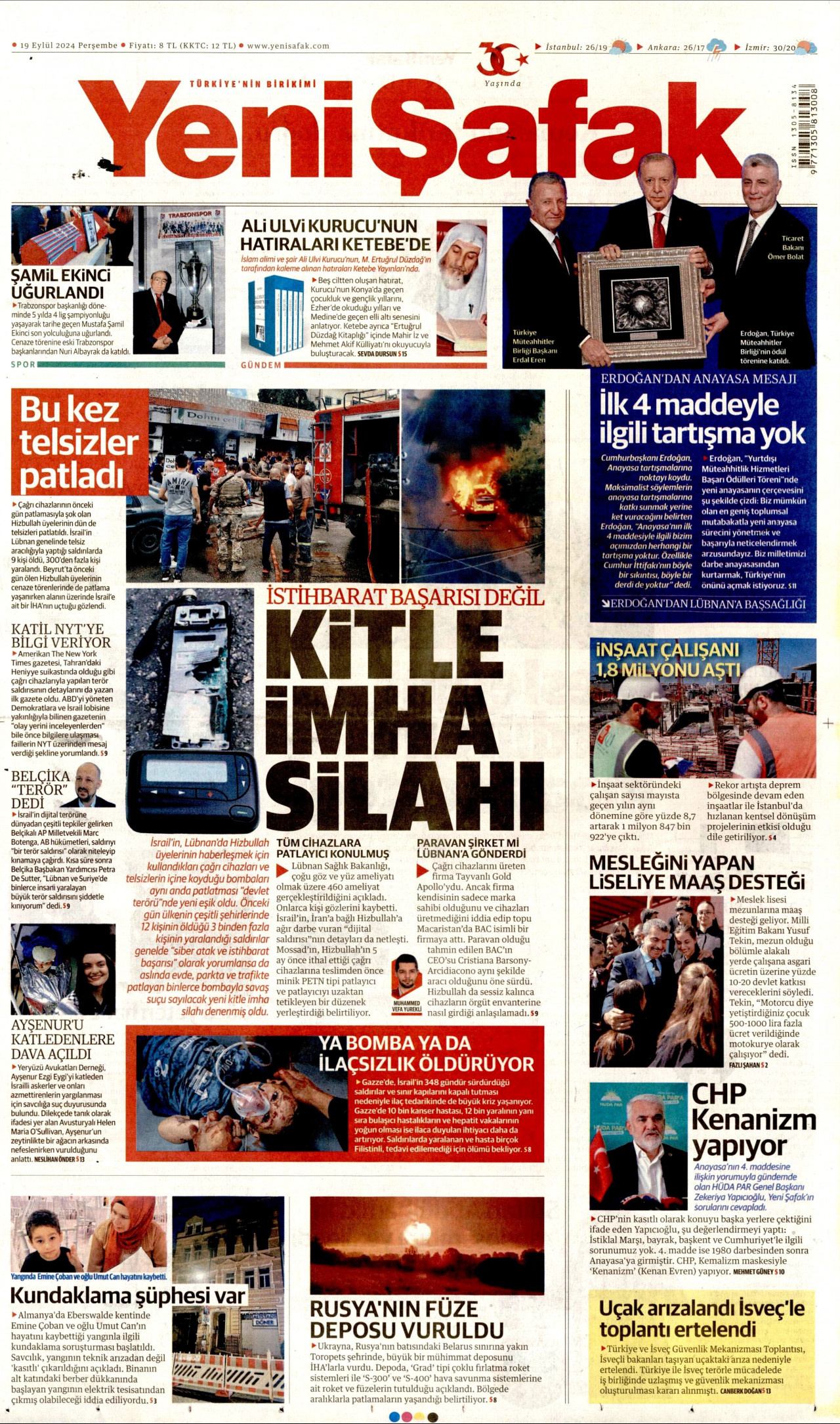 YENİ ŞAFAK gazetesinin 19 Eylül 2024 tarihli birinci sayfası