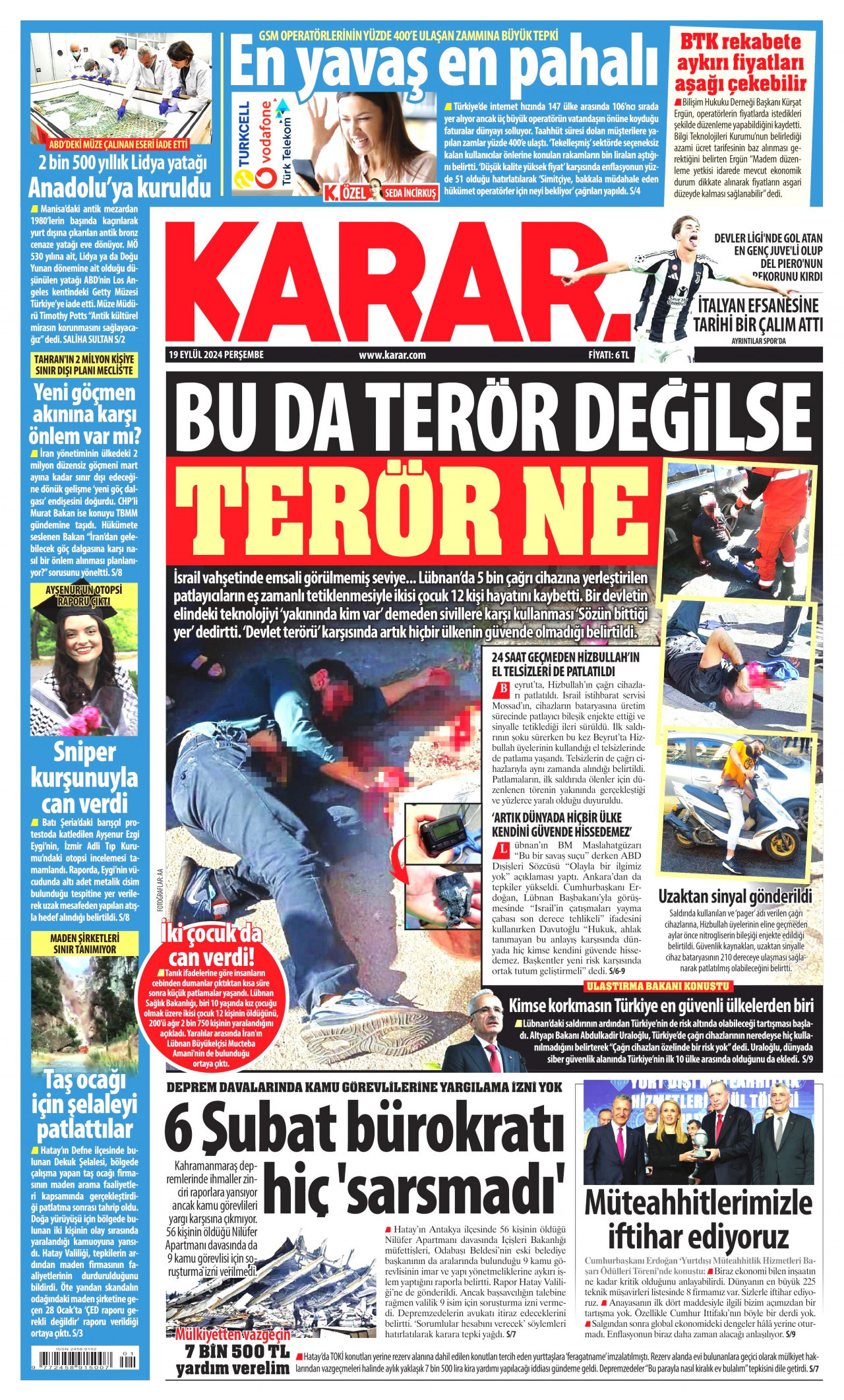 KARAR gazetesinin 19 Eylül 2024 tarihli birinci sayfası
