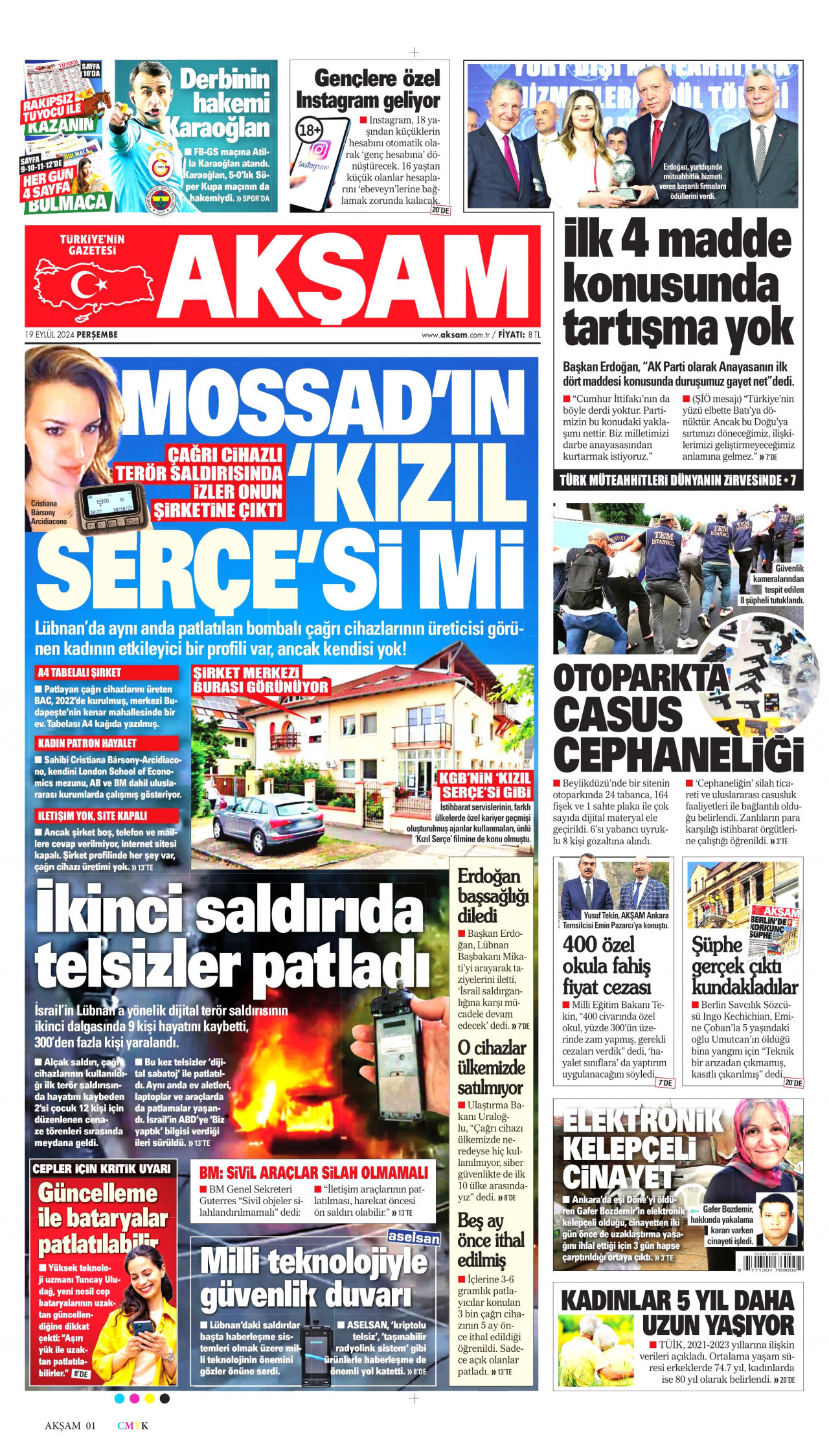 AKŞAM gazetesinin 19 Eylül 2024 tarihli birinci sayfası