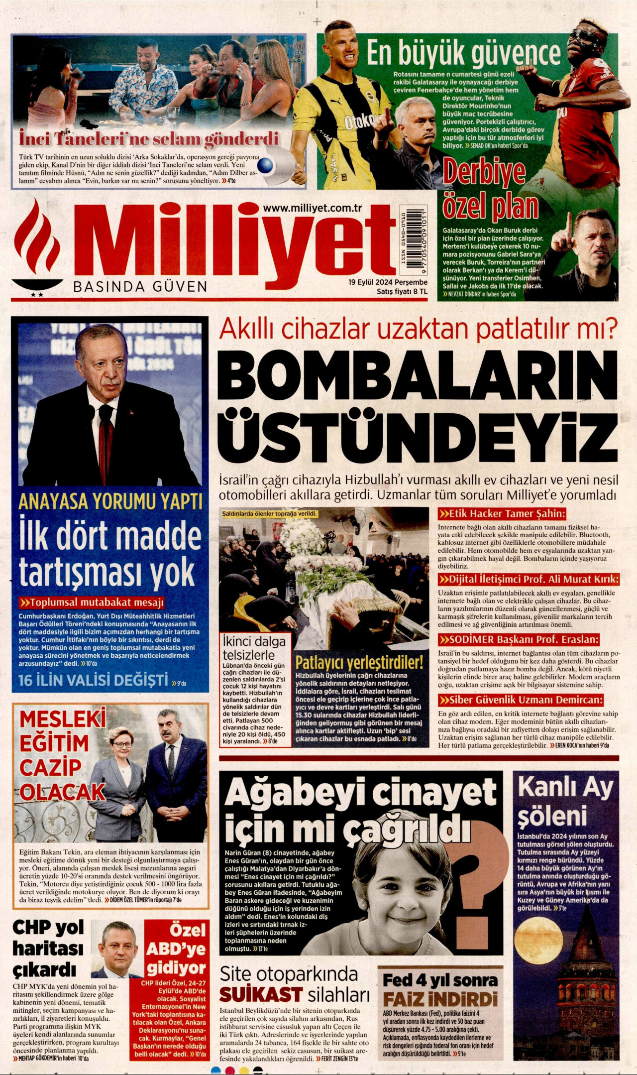 MİLLİYET gazetesinin 19 Eylül 2024 tarihli birinci sayfası