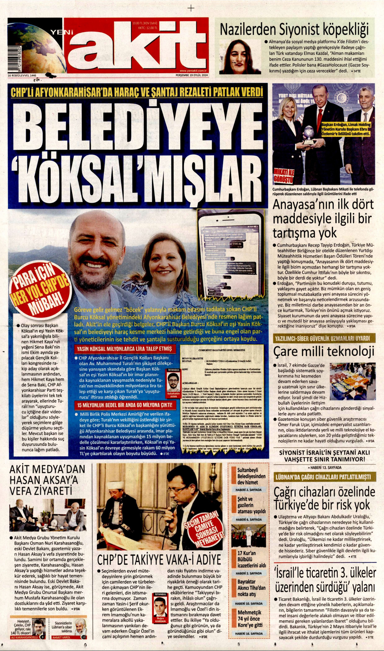 YENİ AKİT gazetesinin 19 Eylül 2024 tarihli birinci sayfası