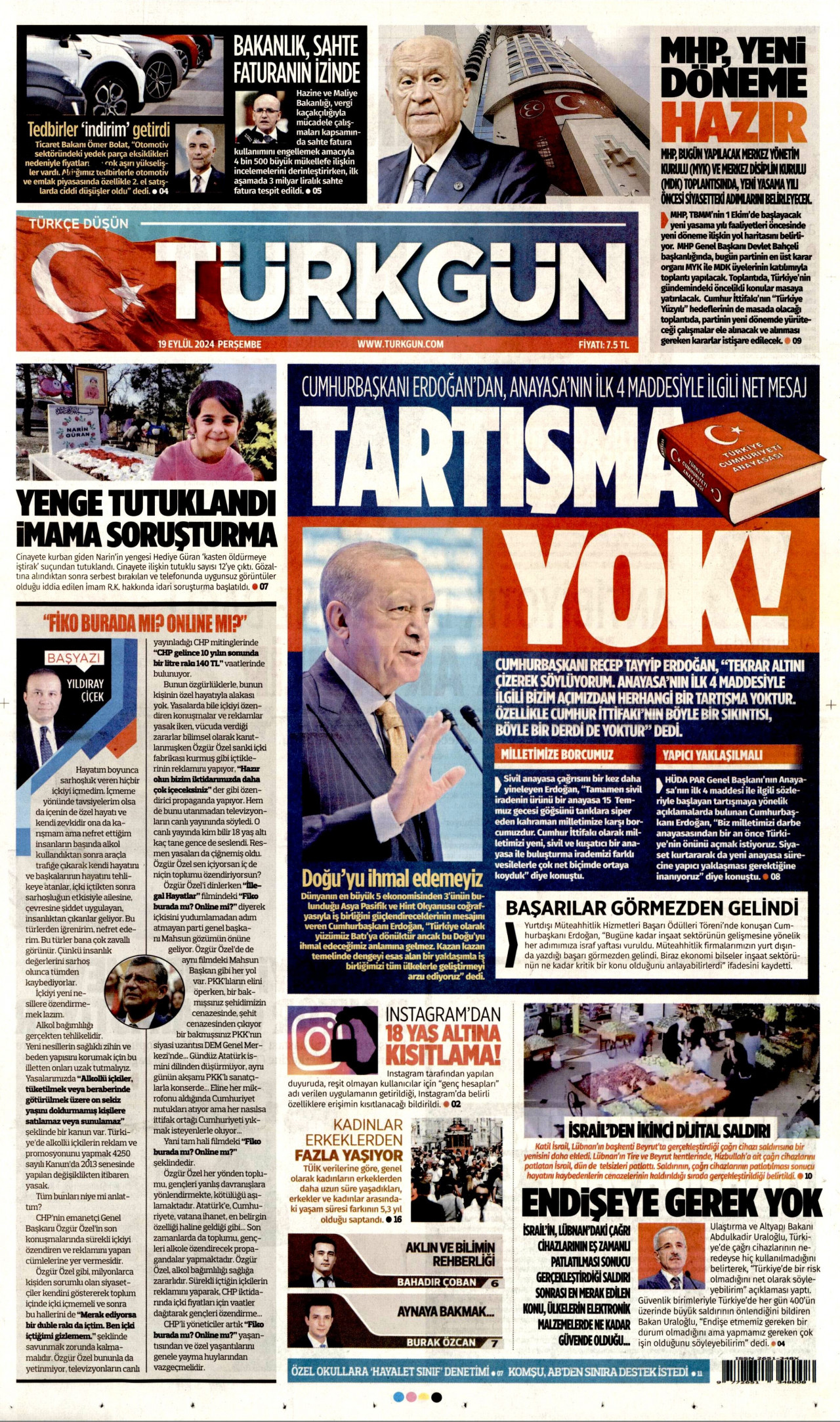 TÜRKGÜN gazetesinin 19 Eylül 2024 tarihli birinci sayfası