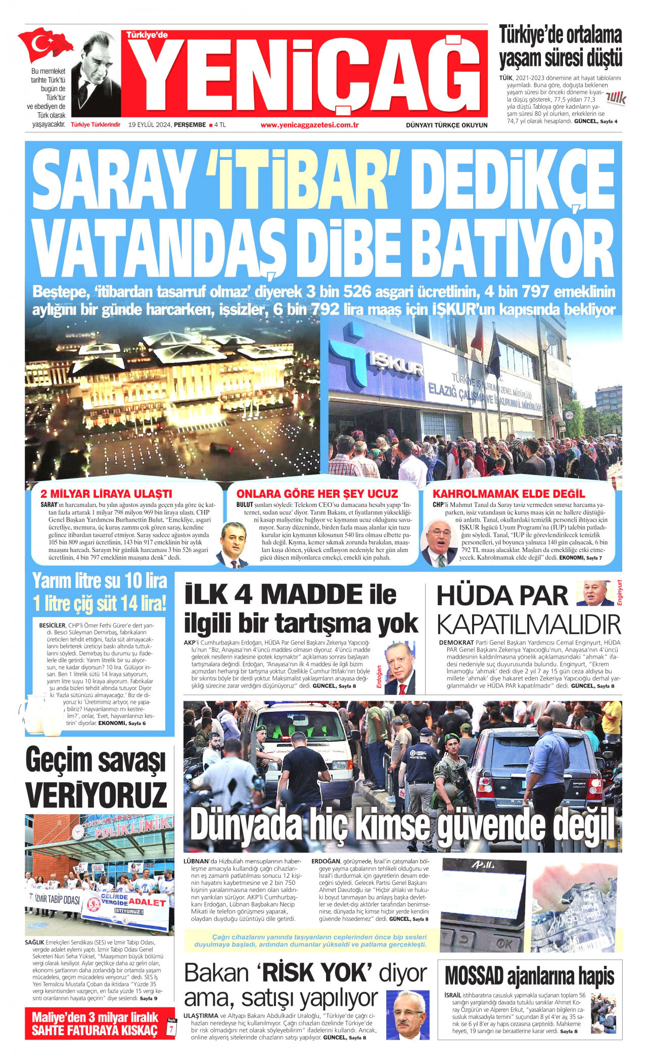 YENİÇAĞ gazetesinin 19 Eylül 2024 tarihli birinci sayfası