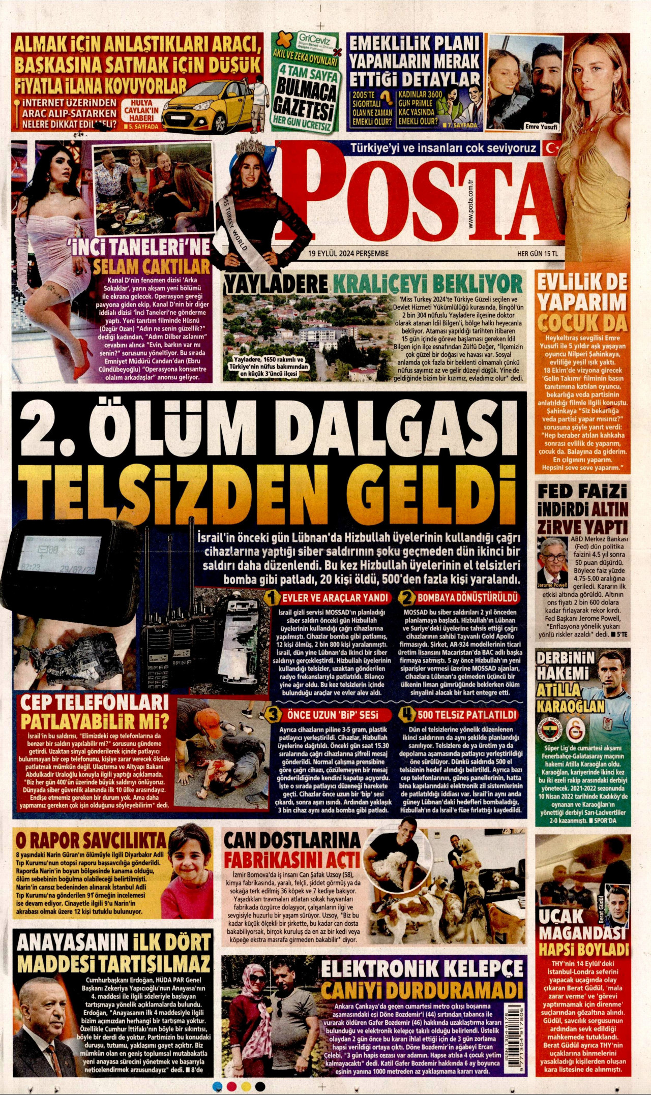 POSTA gazetesinin 19 Eylül 2024 tarihli birinci sayfası