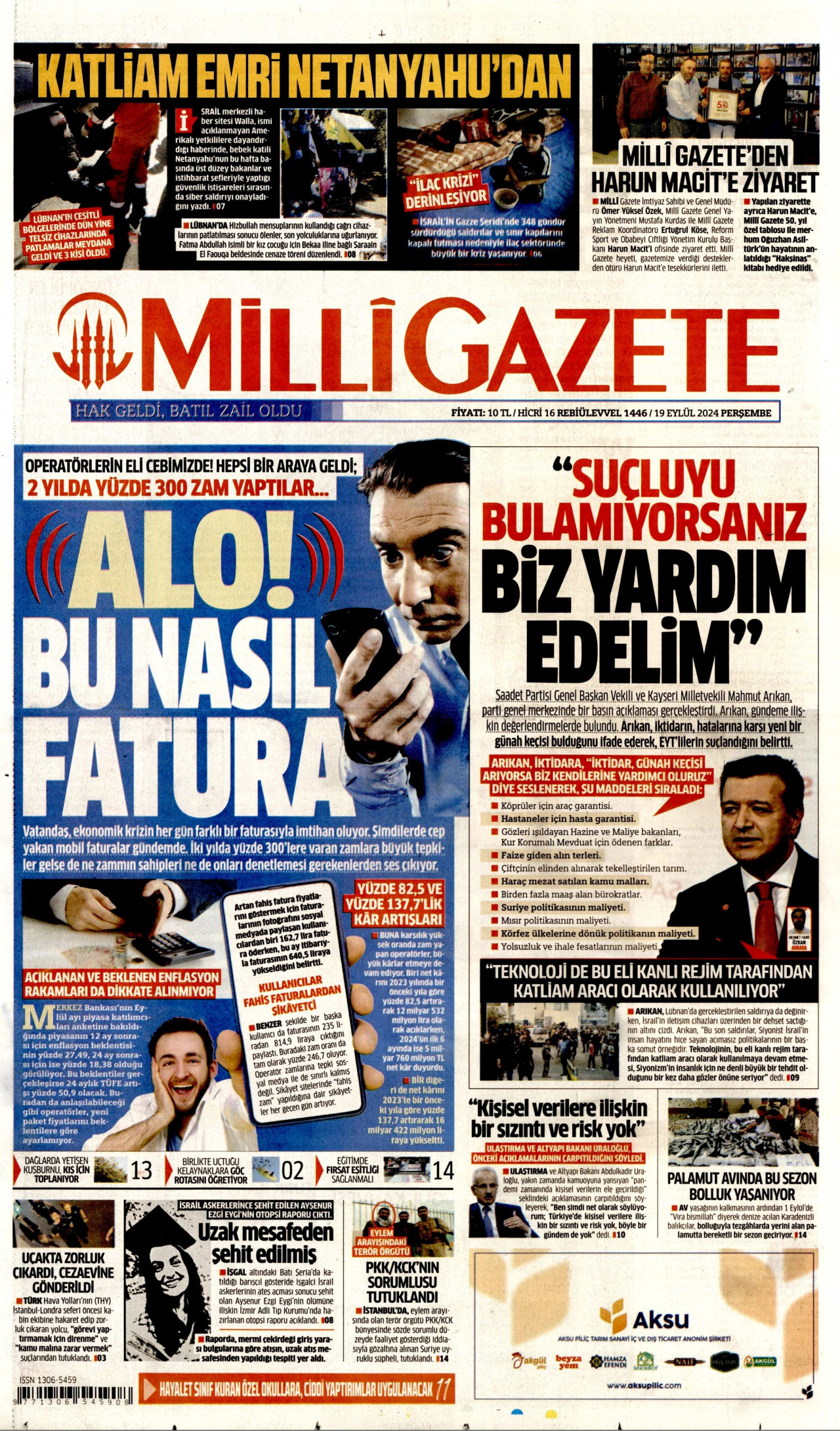 MİLLİ GAZETE gazetesinin 19 Eylül 2024 tarihli birinci sayfası