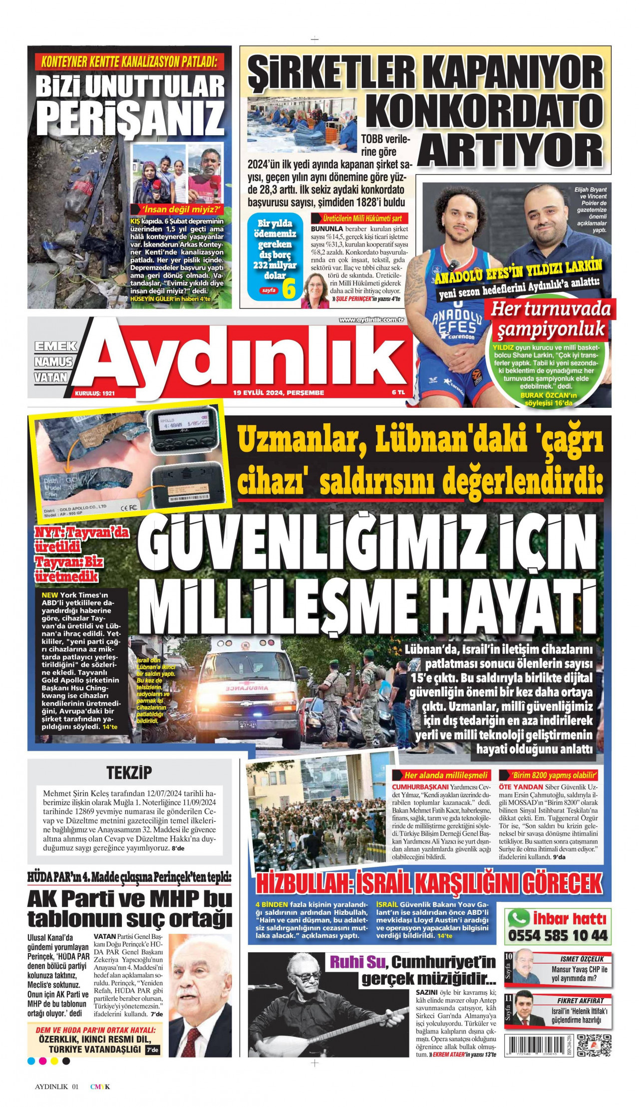 AYDINLIK GAZETESİ gazetesinin 19 Eylül 2024 tarihli birinci sayfası