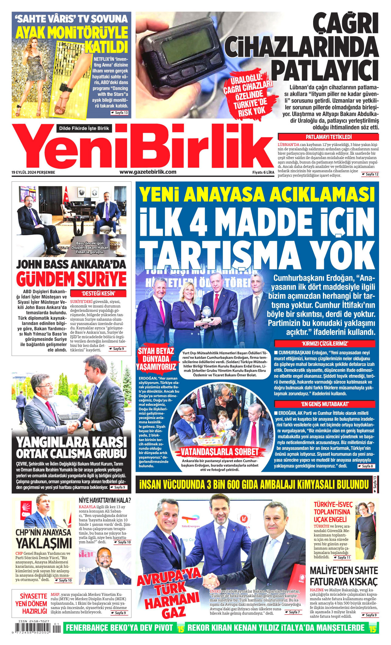 YENİBİRLİK gazetesinin 19 Eylül 2024 tarihli birinci sayfası