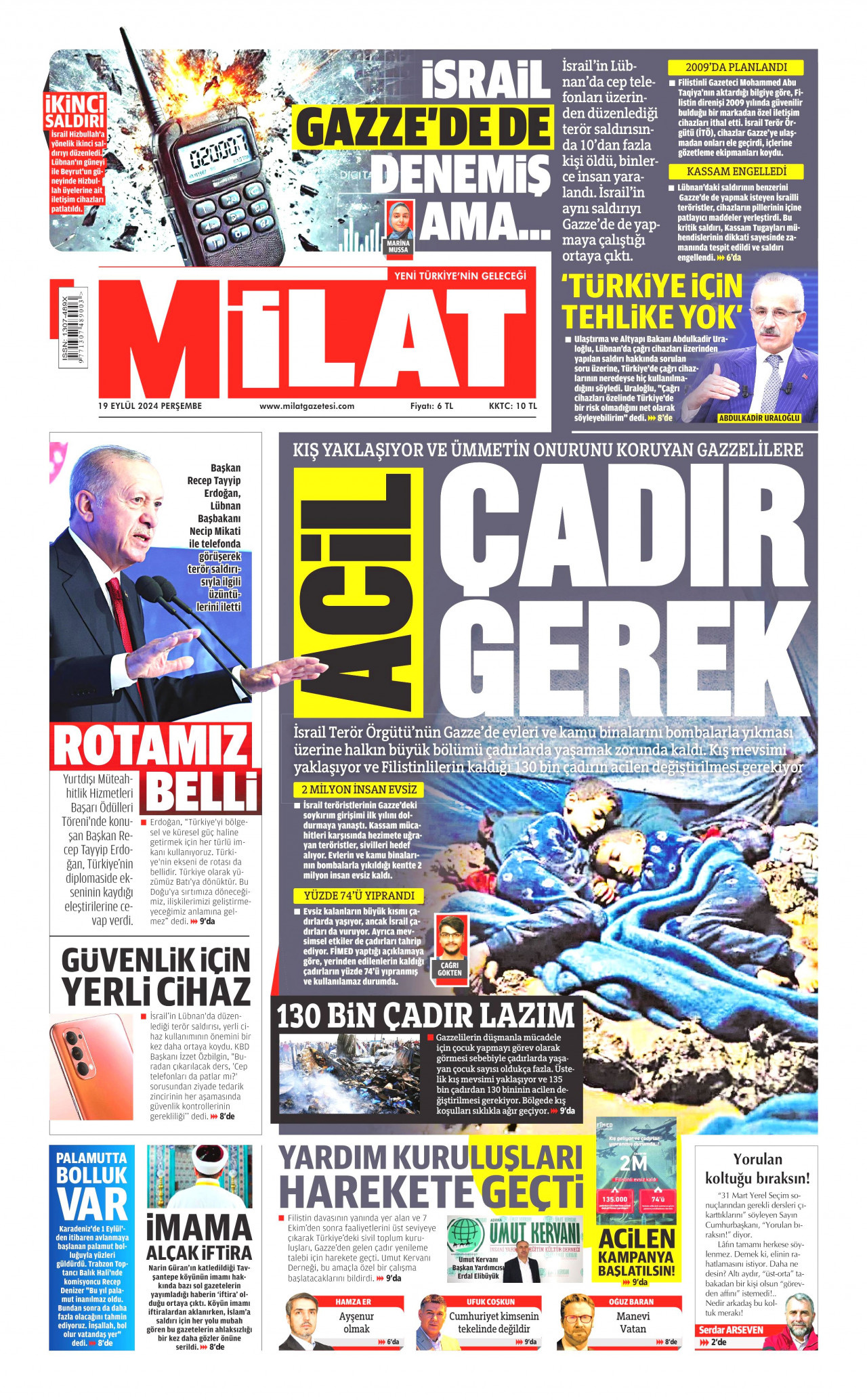 MİLAT gazetesinin 19 Eylül 2024 tarihli birinci sayfası