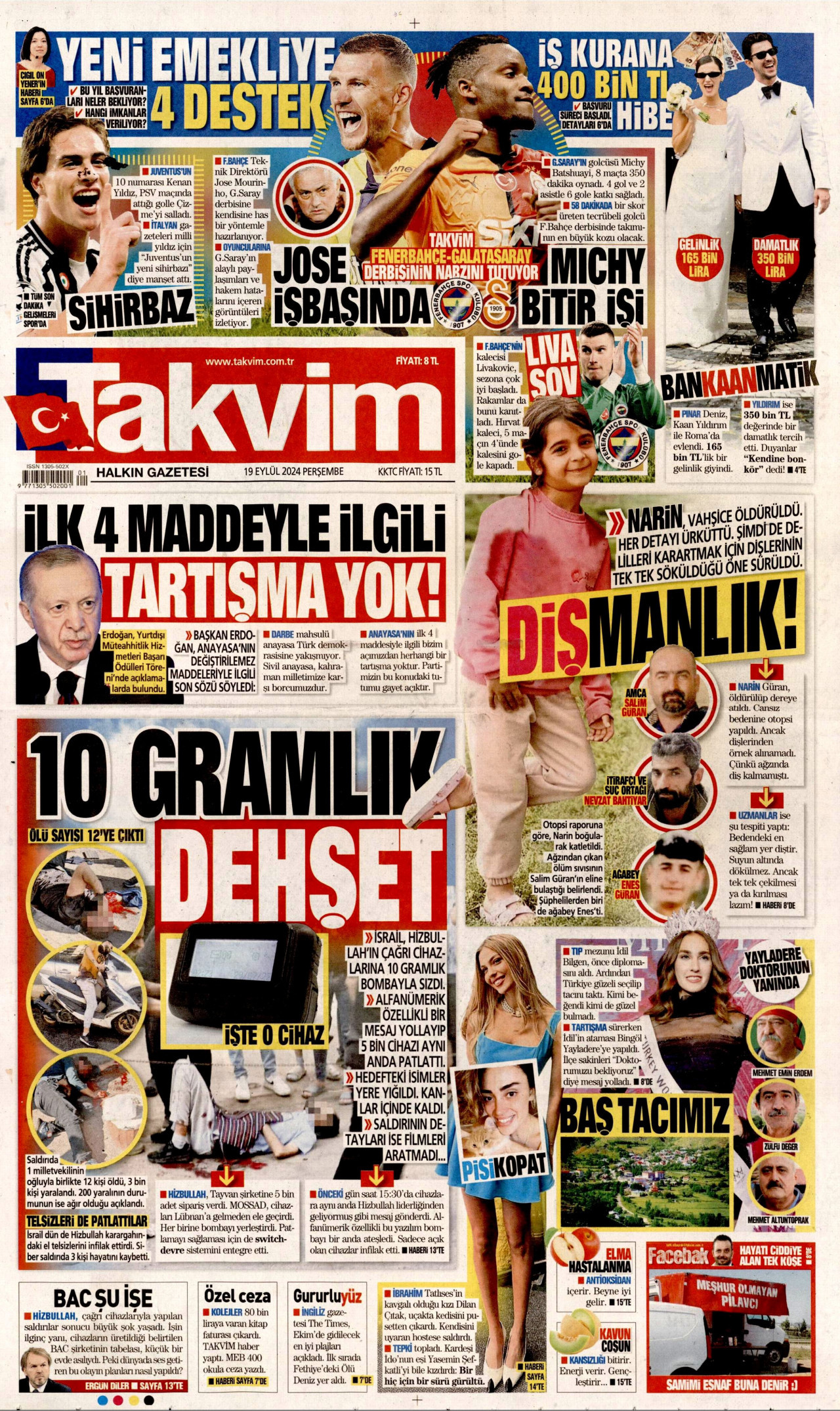 TAKVİM gazetesinin 19 Eylül 2024 tarihli birinci sayfası