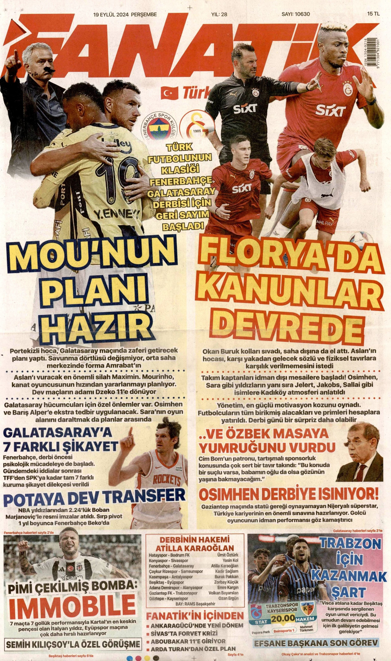 FANATİK gazetesinin 19 Eylül 2024 tarihli birinci sayfası