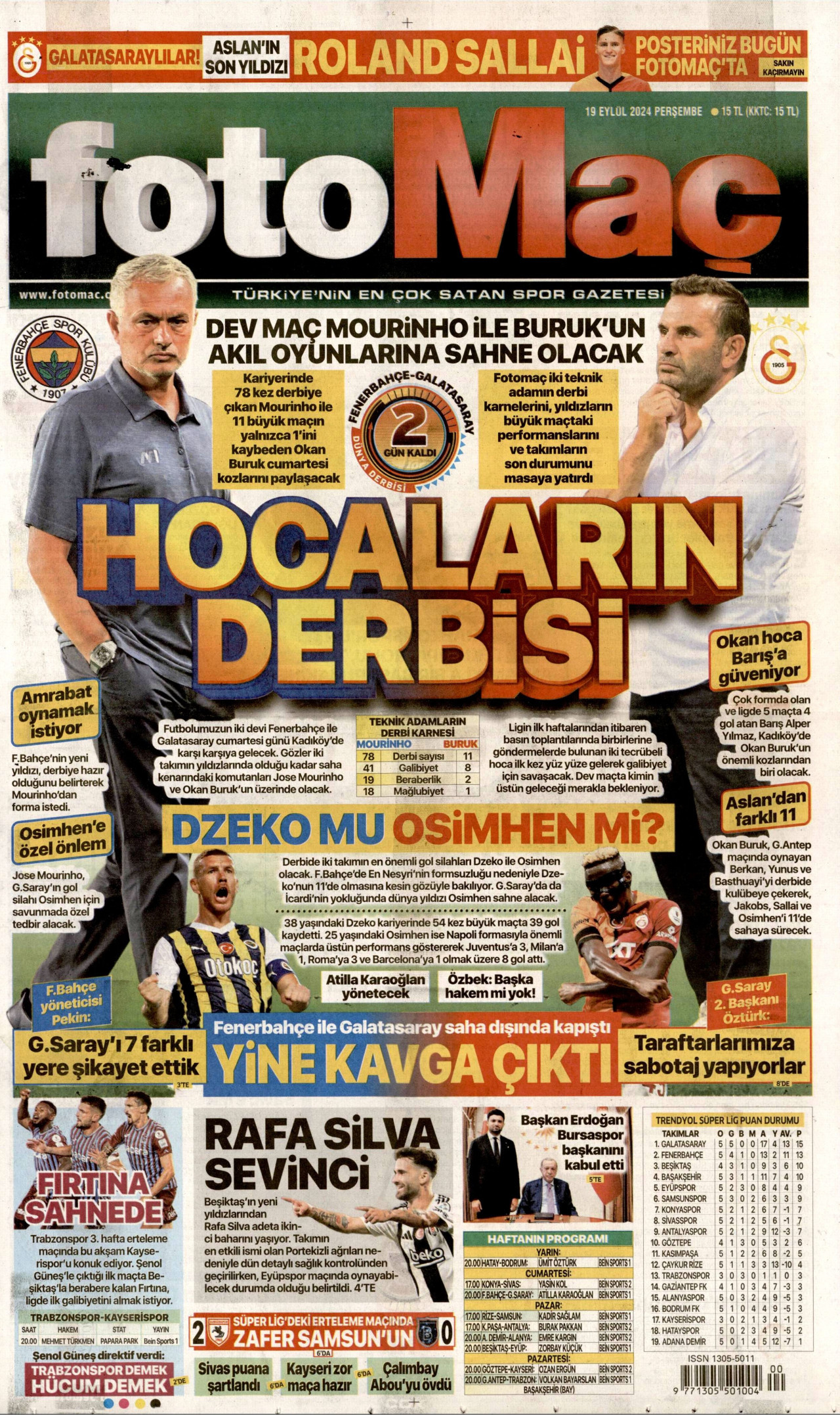 FOTOMAÇ gazetesinin 19 Eylül 2024 tarihli birinci sayfası