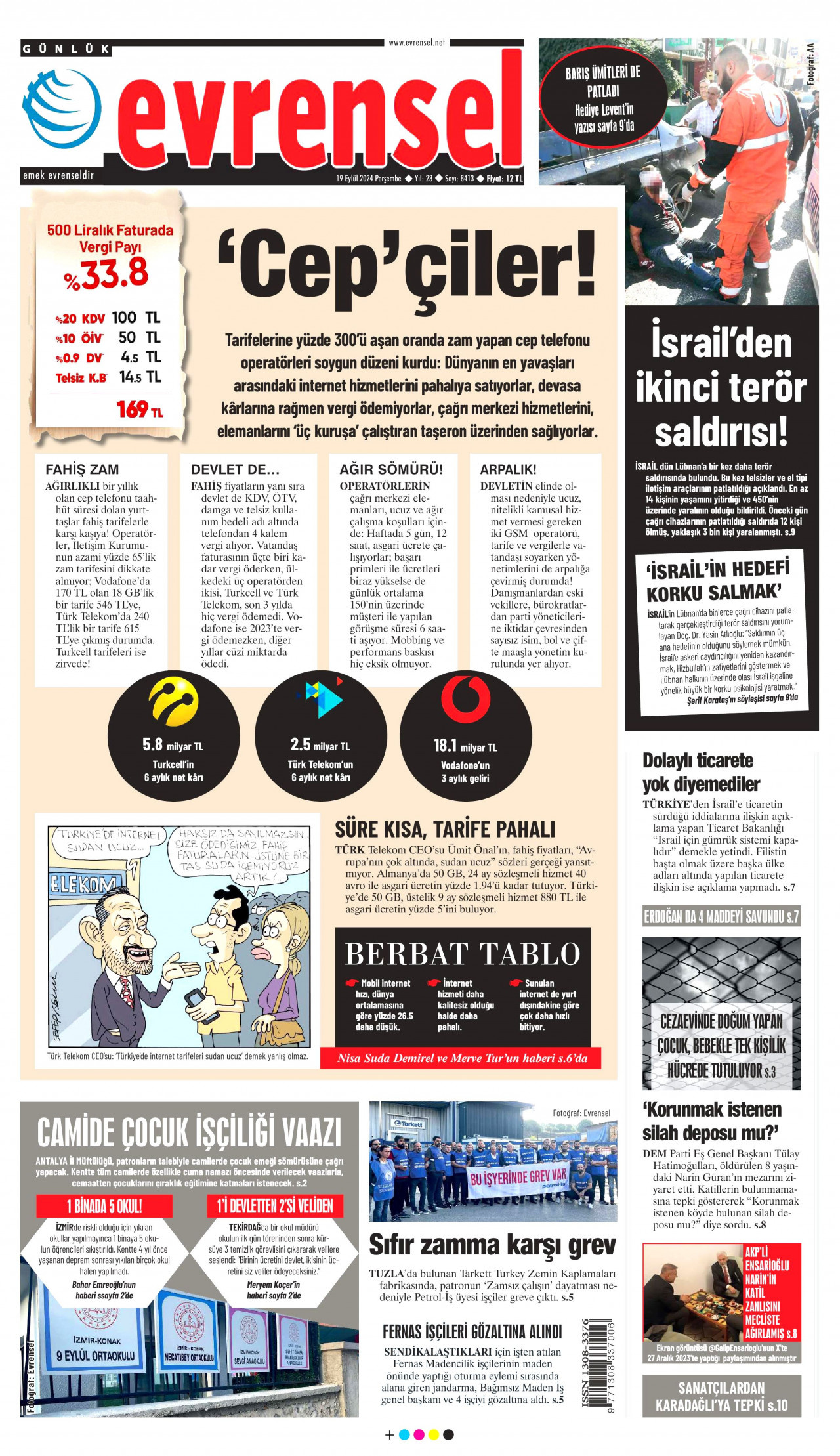 EVRENSEL gazetesinin 19 Eylül 2024 tarihli birinci sayfası
